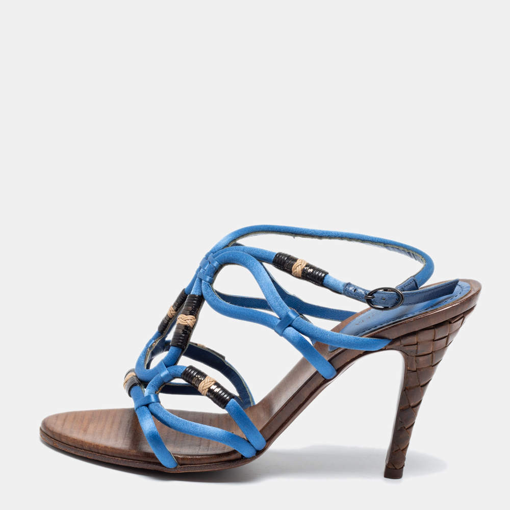 Pre Owned Bottega Veneta Blue Satin Cut-Out Ankle-Strap Sandals Size 38