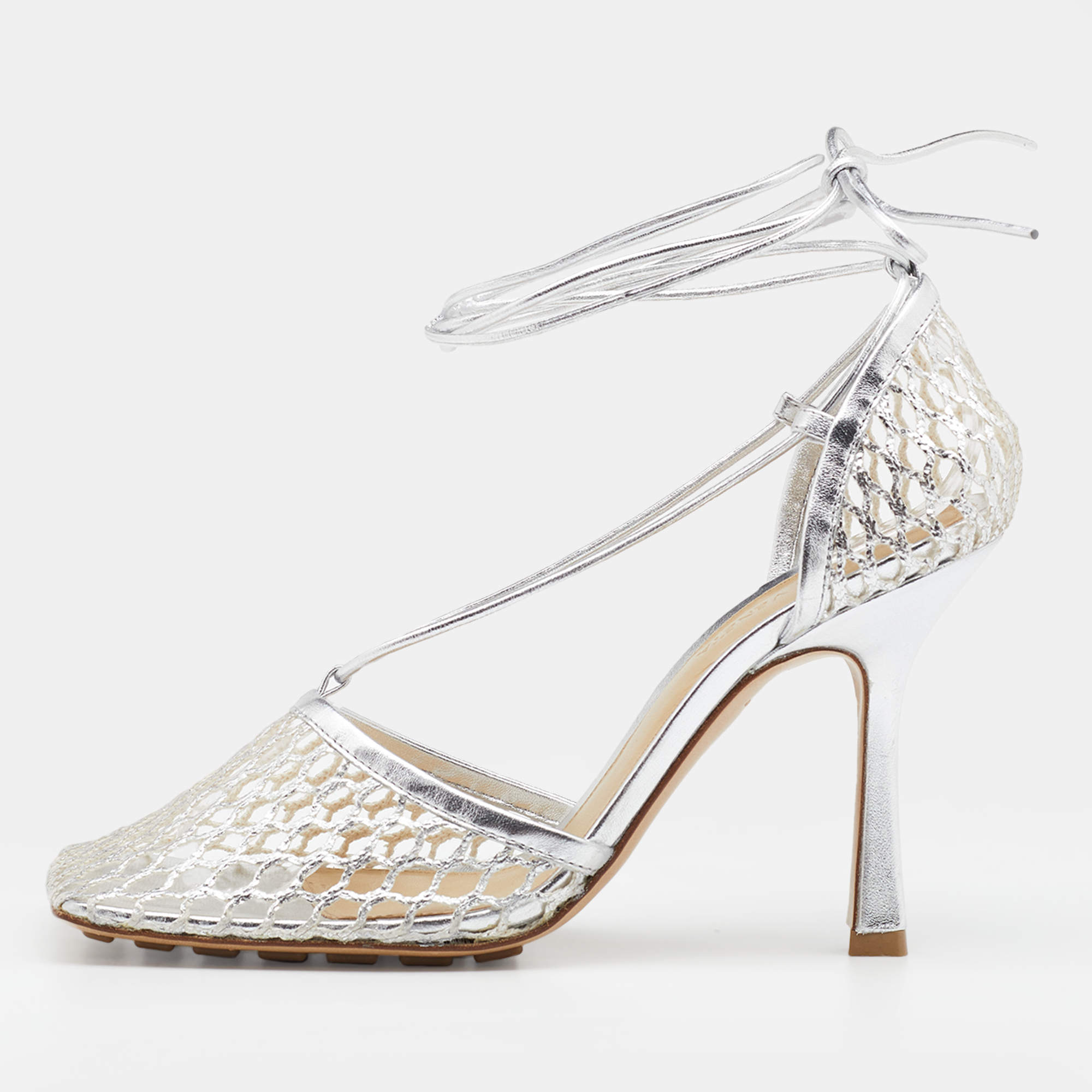 Pre Owned Bottega Veneta Silver Stretch Mesh And Leather Ankle Tie Sandals Size 37