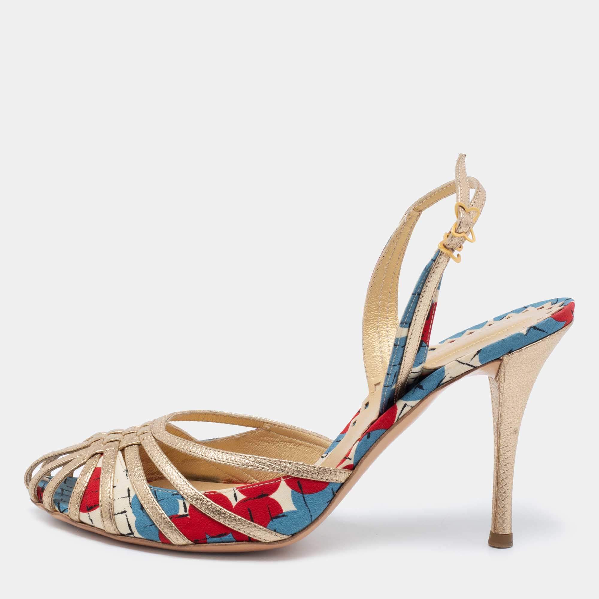 مملوكة مسبقًا Bottega Veneta Tri-Color Printed Fabric and Leather Slingback Sandals Size 38