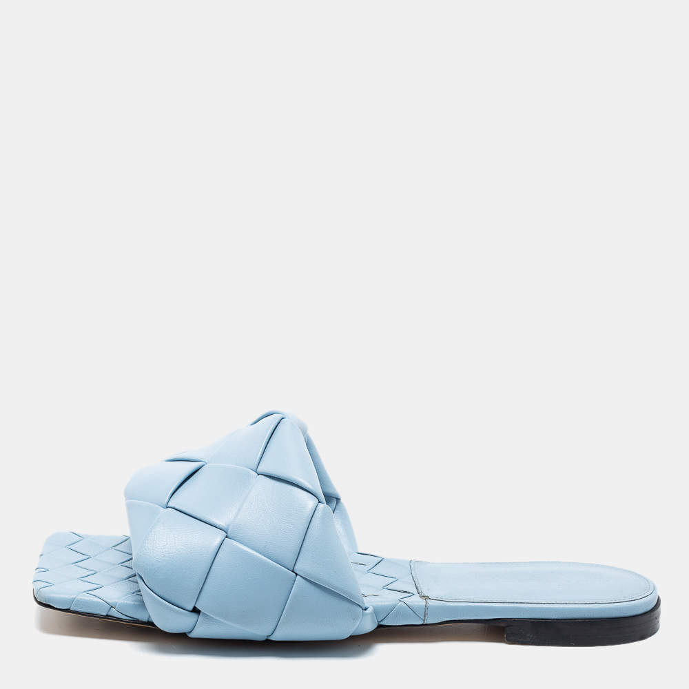 Pre Owned Bottega Veneta Blue Intrecciato Leather Lido Flat Slide Sandals Size 40.5