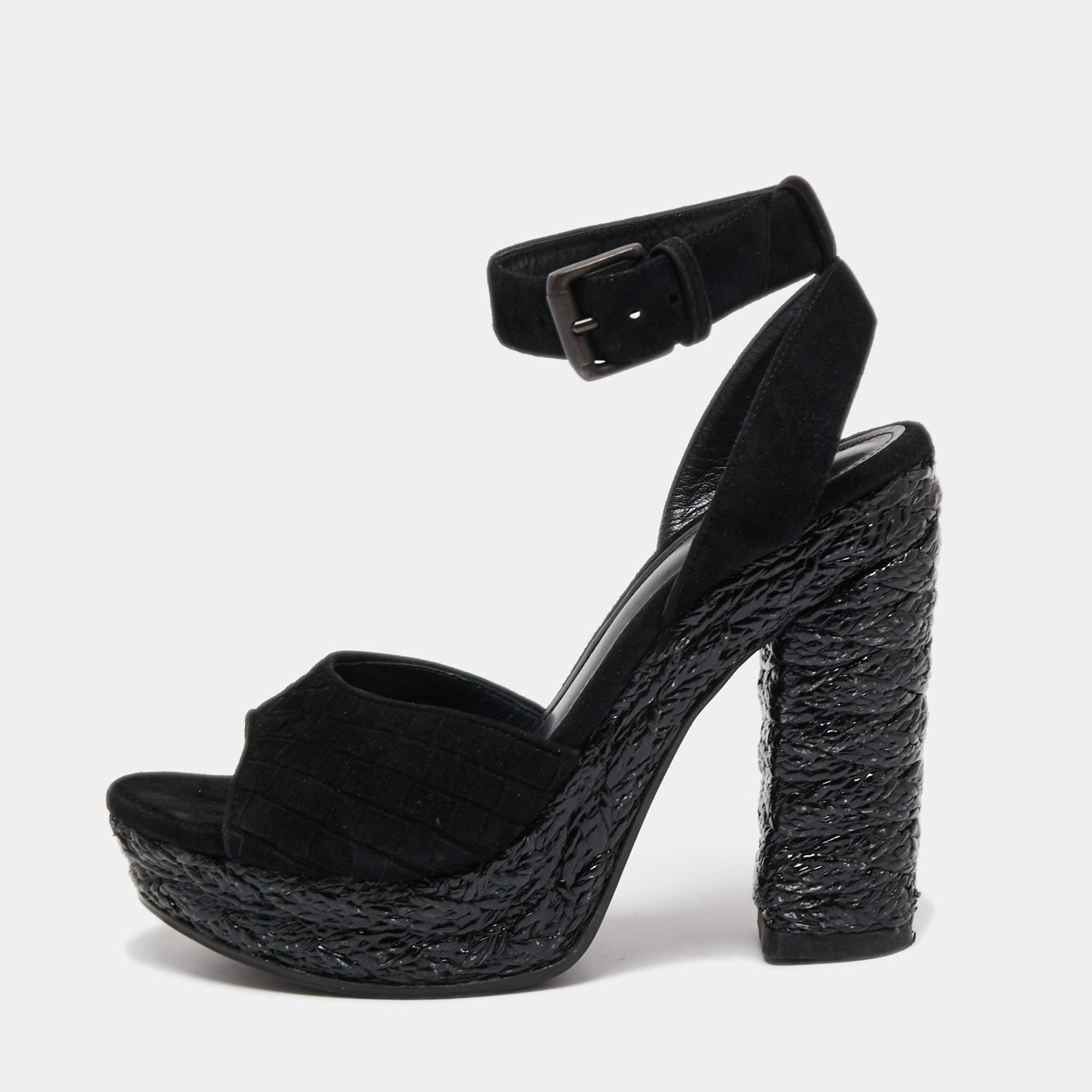 مملوكة مسبقًا Bottega Veneta Black Intrecciato Suede Coated Espadrille Platform Sandals Size 36.5