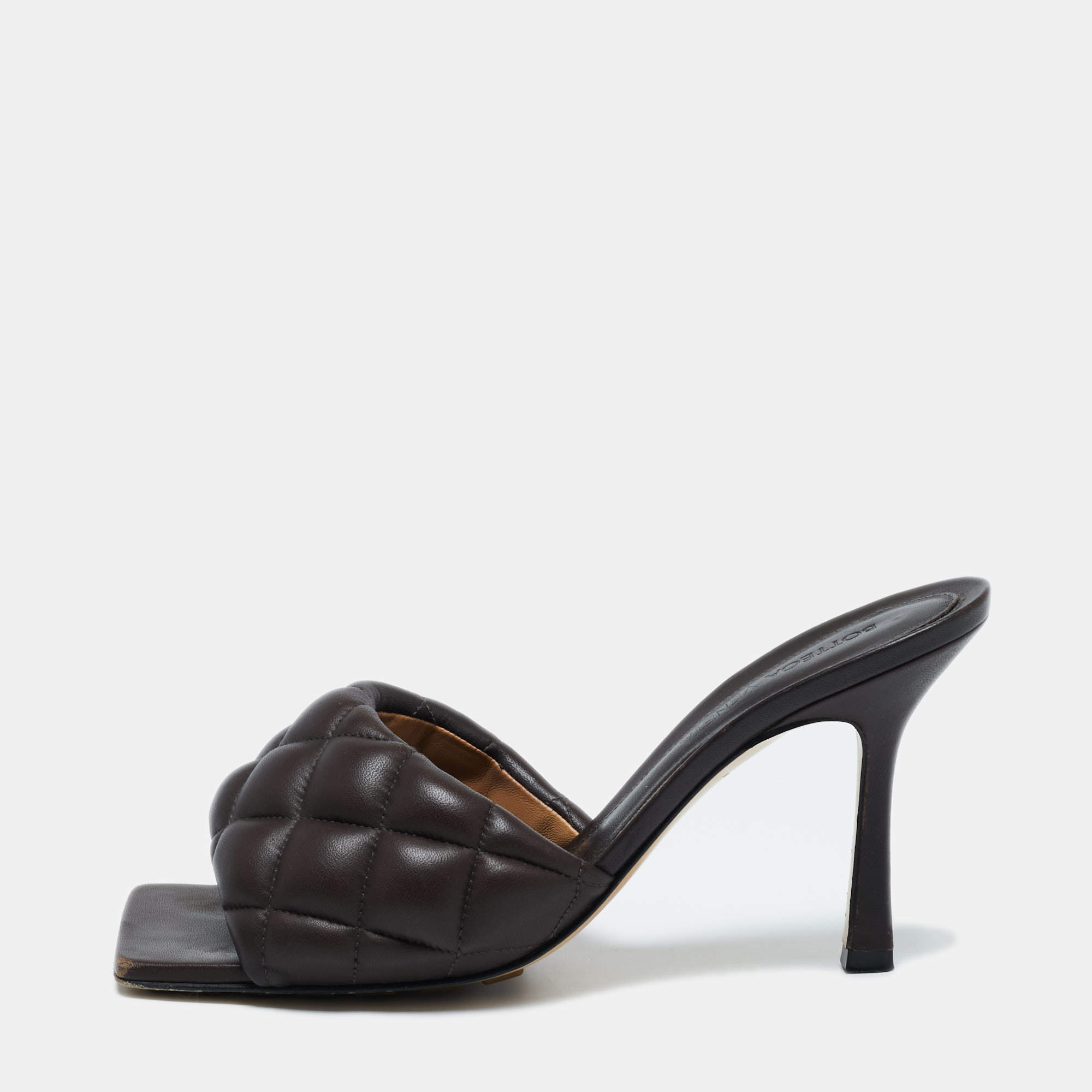Pre Owned Bottega Veneta Brown Quilted Leather Padded Slide Sandals Size 37.5