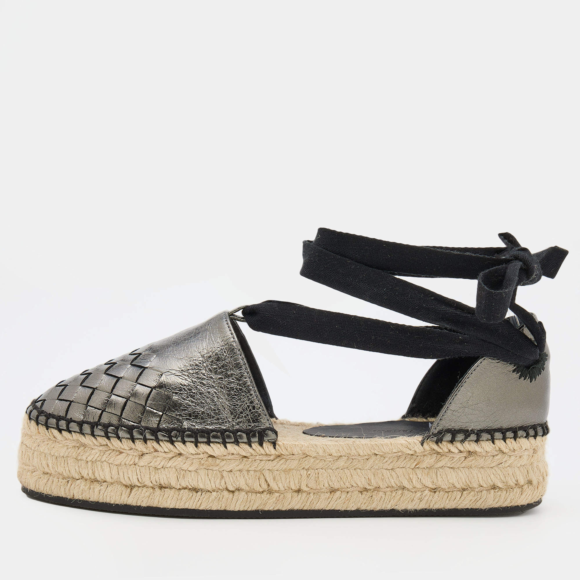 Pre Owned Bottega Veneta Antracite Intrecciato Leather Espadrilles Platform Sandals Size 37
