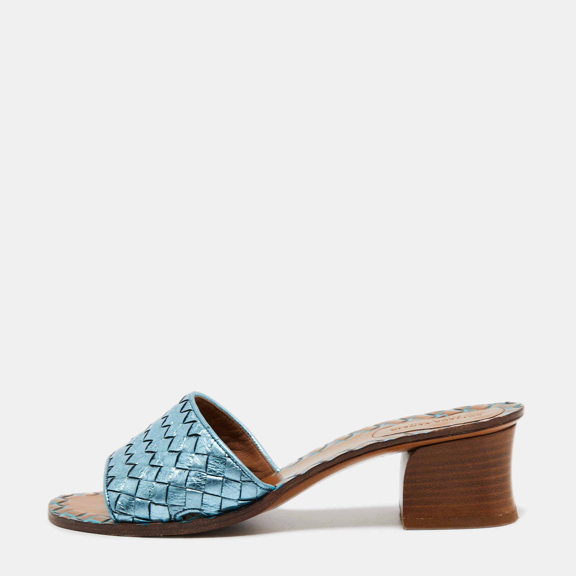 Pre Owned Bottega Veneta Metallic Blue Leather Block Heel Slide Sandals Size 38