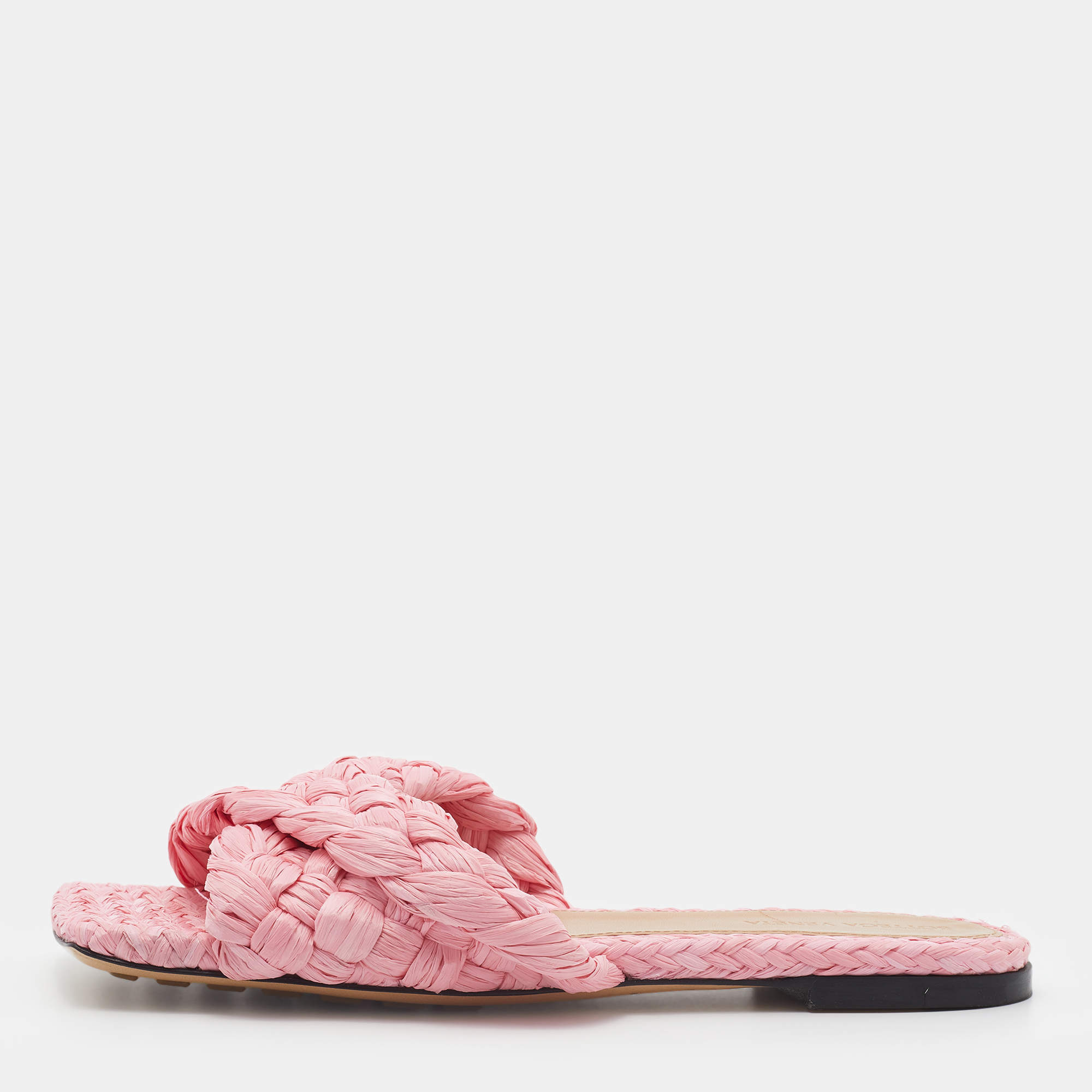 Pre Owned Bottega Veneta Pink Woven Raffia Stretch Flat Slides Size 38