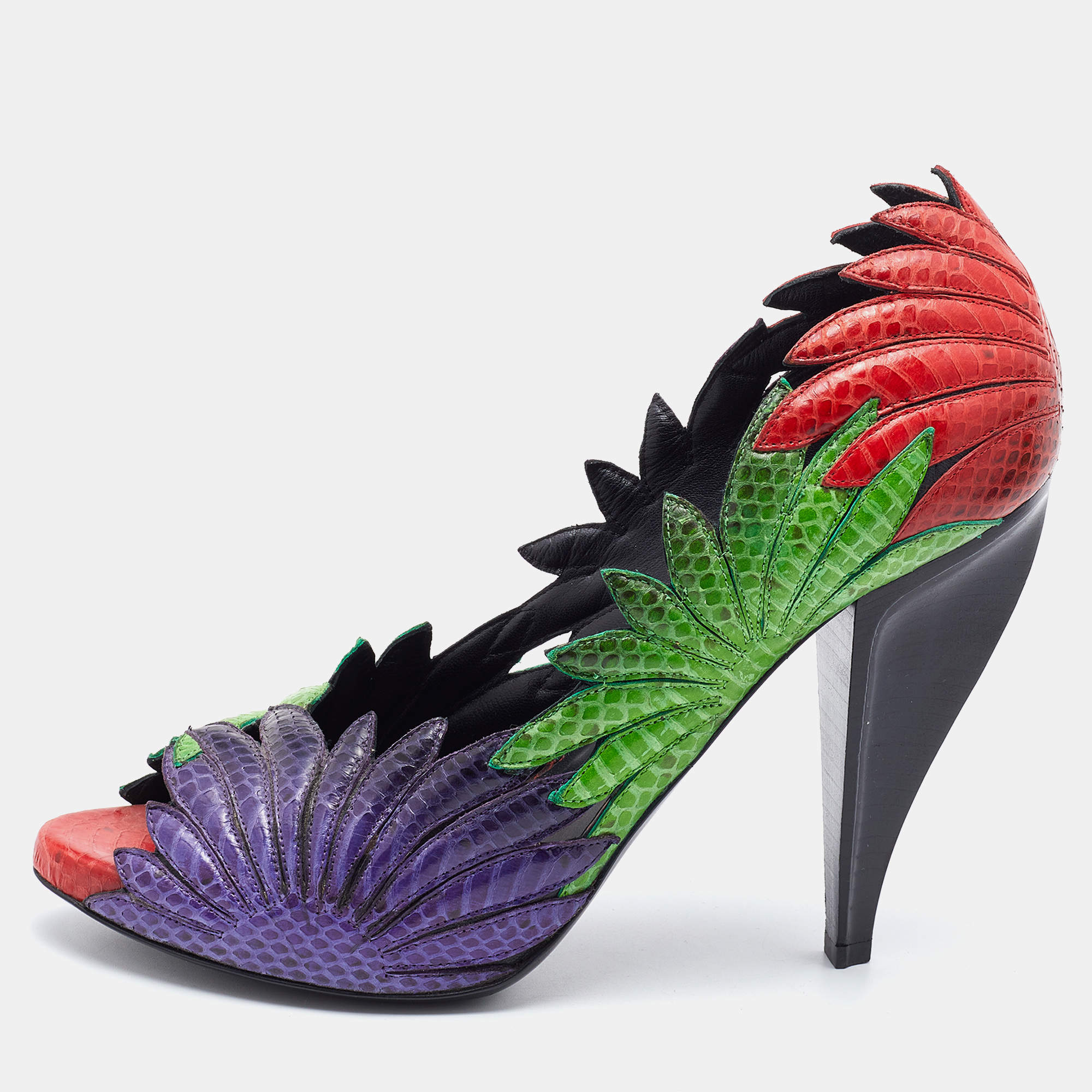 Pre Owned Bottega Veneta Multicolor Python Leather Floral Pumps Size 40