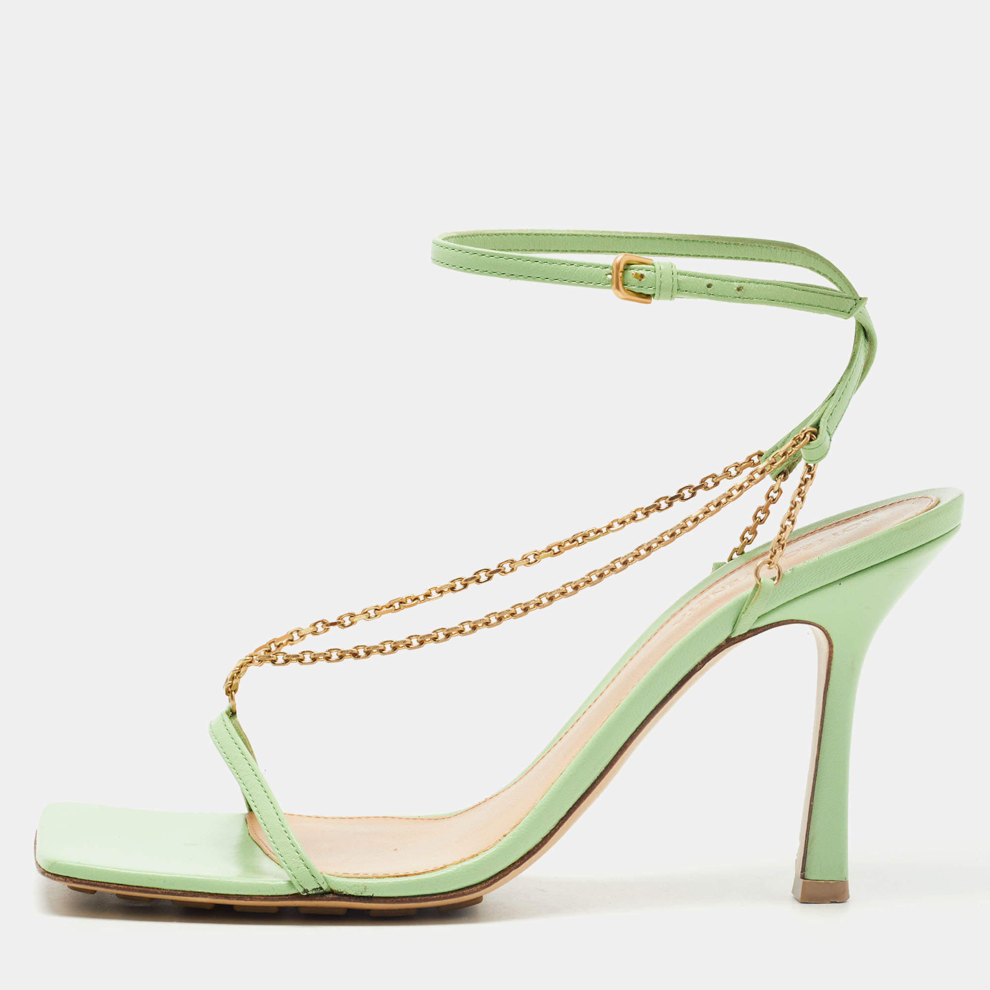 Pre Owned Bottega Veneta Green Leather Chain Ankle Strap Sandals Size 39