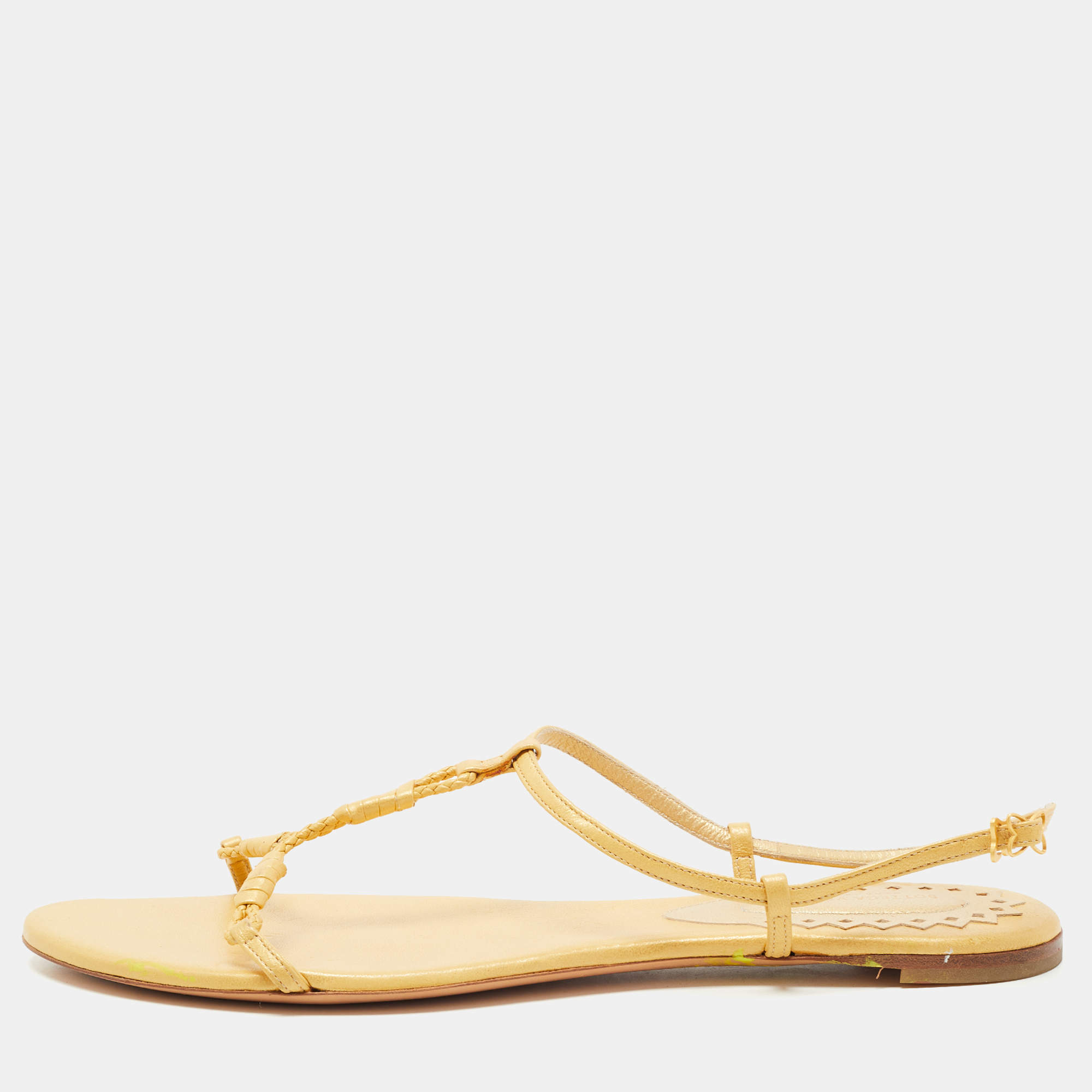 Pre Owned Bottega Veneta Light Yellow Leather Ankle Strap Flat Sandals Size 39.5