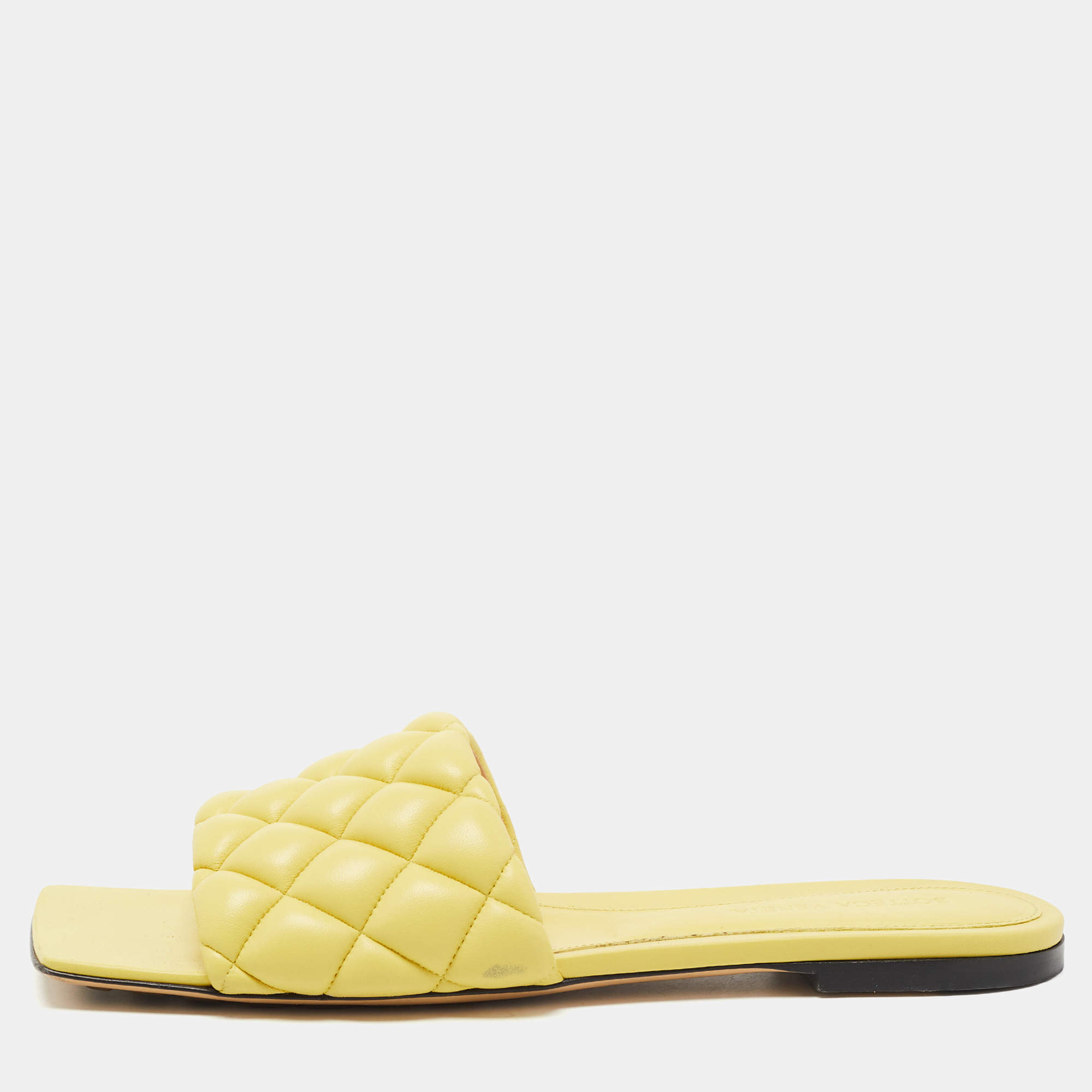 Bottega Veneta Yellow Quilted Leather Lido Flat Slides Size 40.5