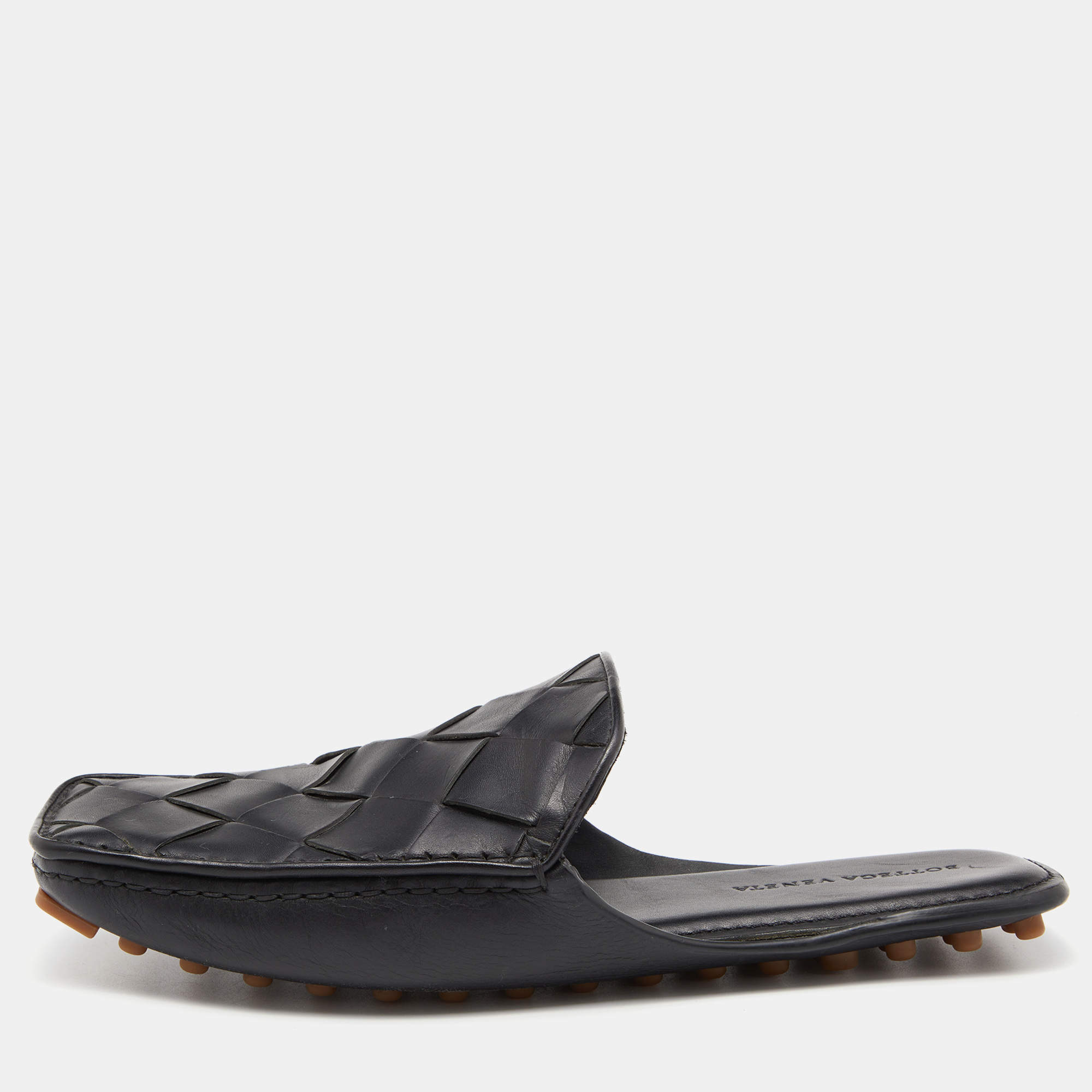 Pre Owned Bottega Veneta Black Leather Flat Mules Size 40