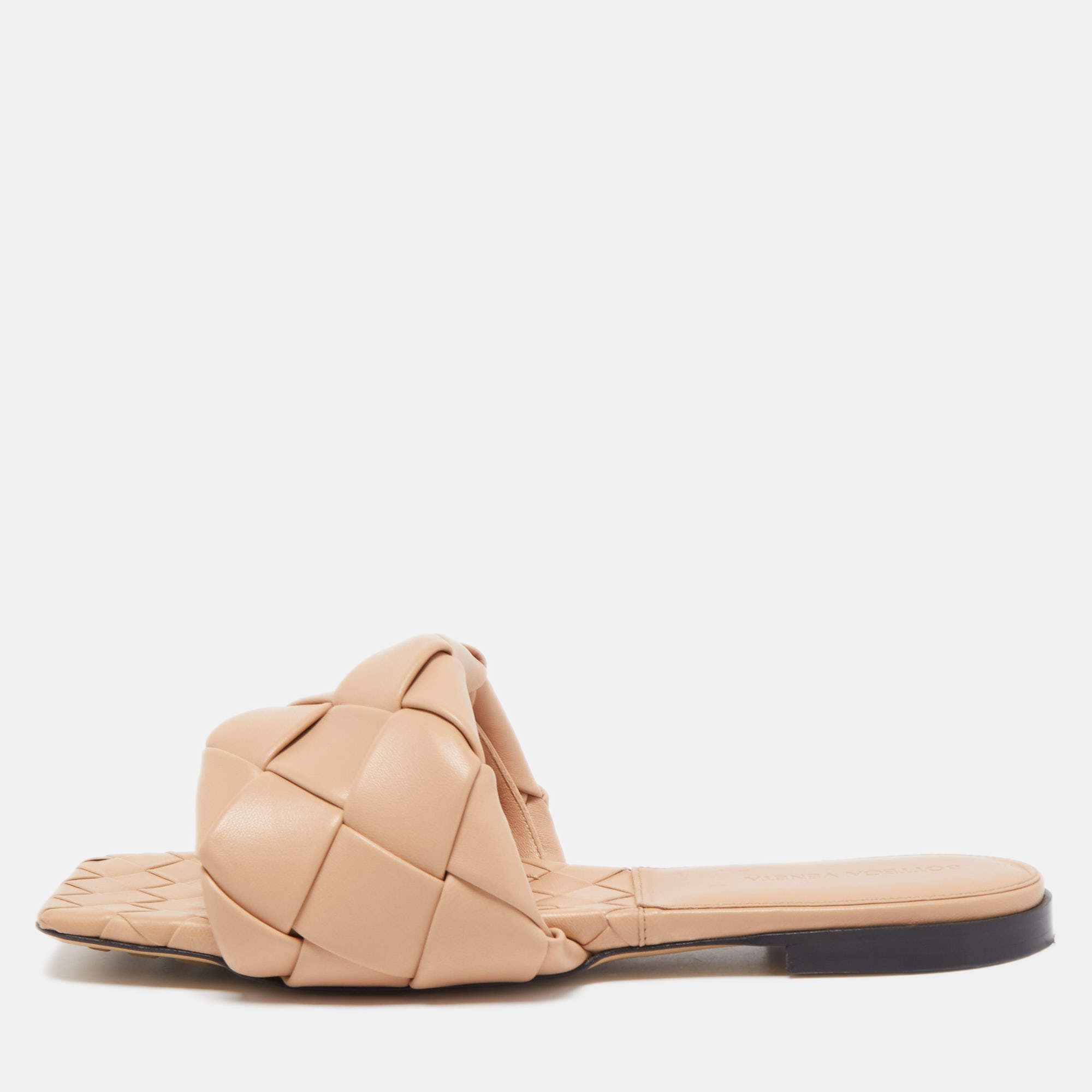 Pre Owned Bottega Veneta Beige Leather Lido Slide Flats Size 40