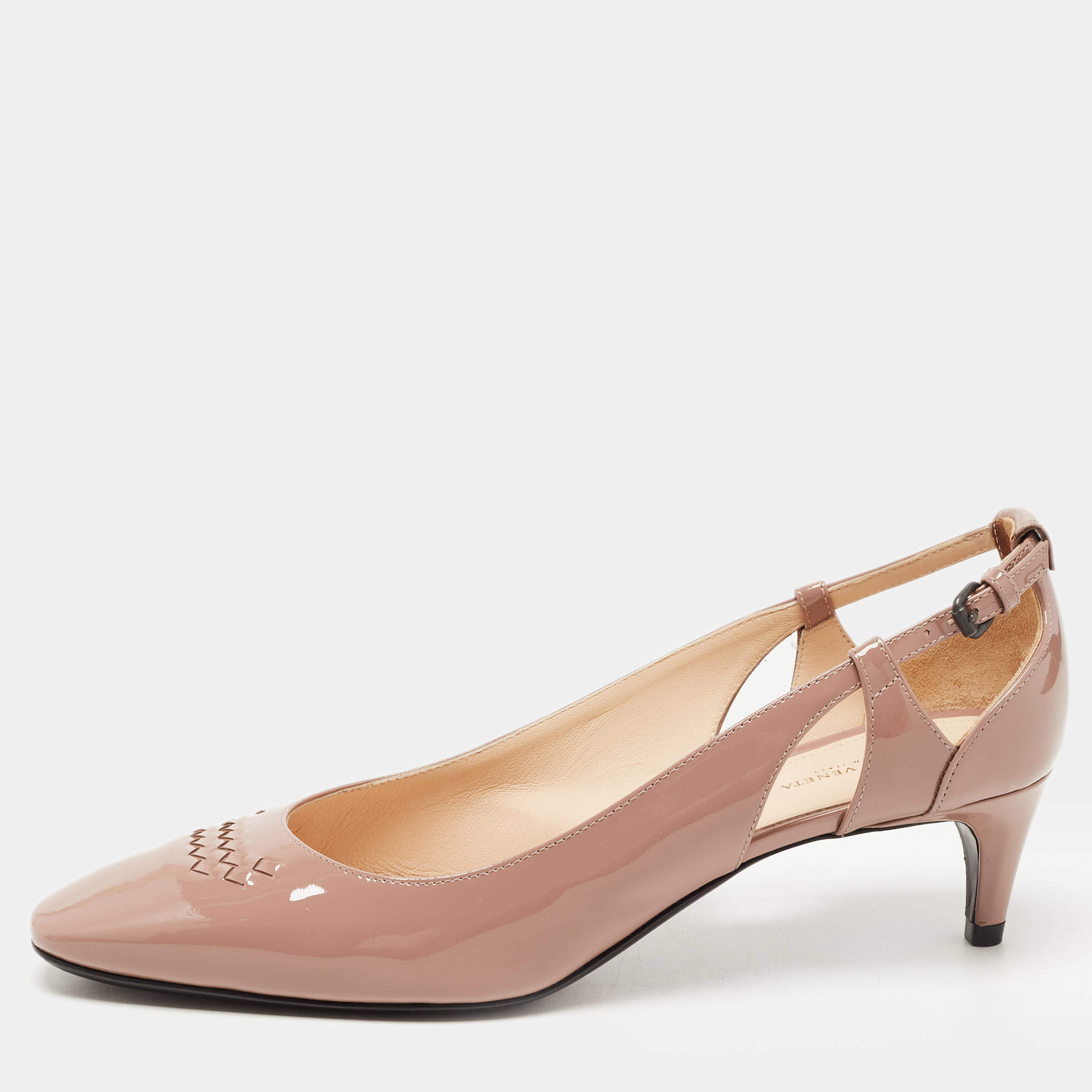 Pre Owned Bottega Veneta Dusty Pink Patent Leather Intrecciato Detail Pumps Size 39.5