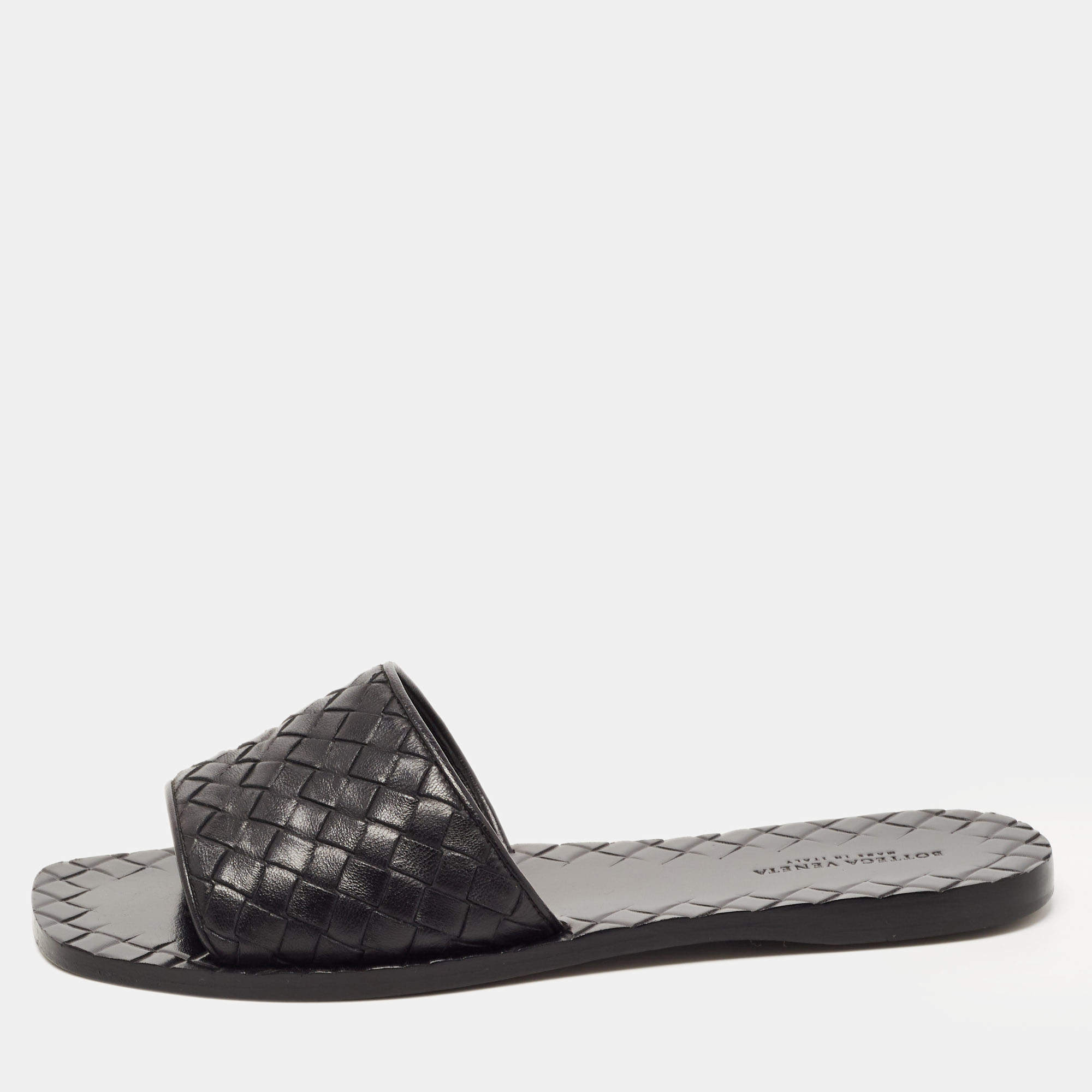 Pre Owned Bottega Veneta Black Leather Intrecciato Flat Slides Size 36