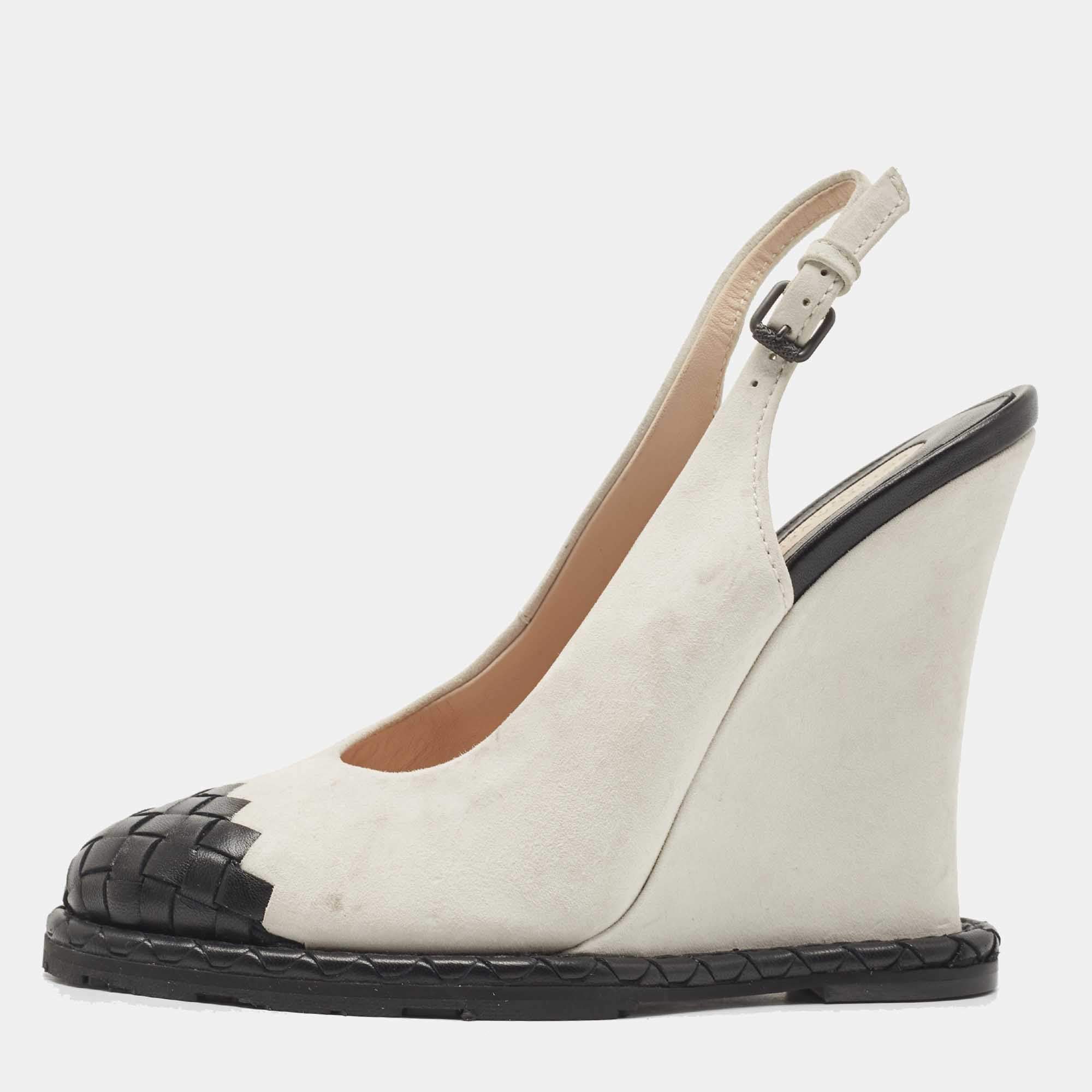 Pre Owned Bottega Veneta White/Black Leather and Suede Slingback Wedge Pumps Size 37