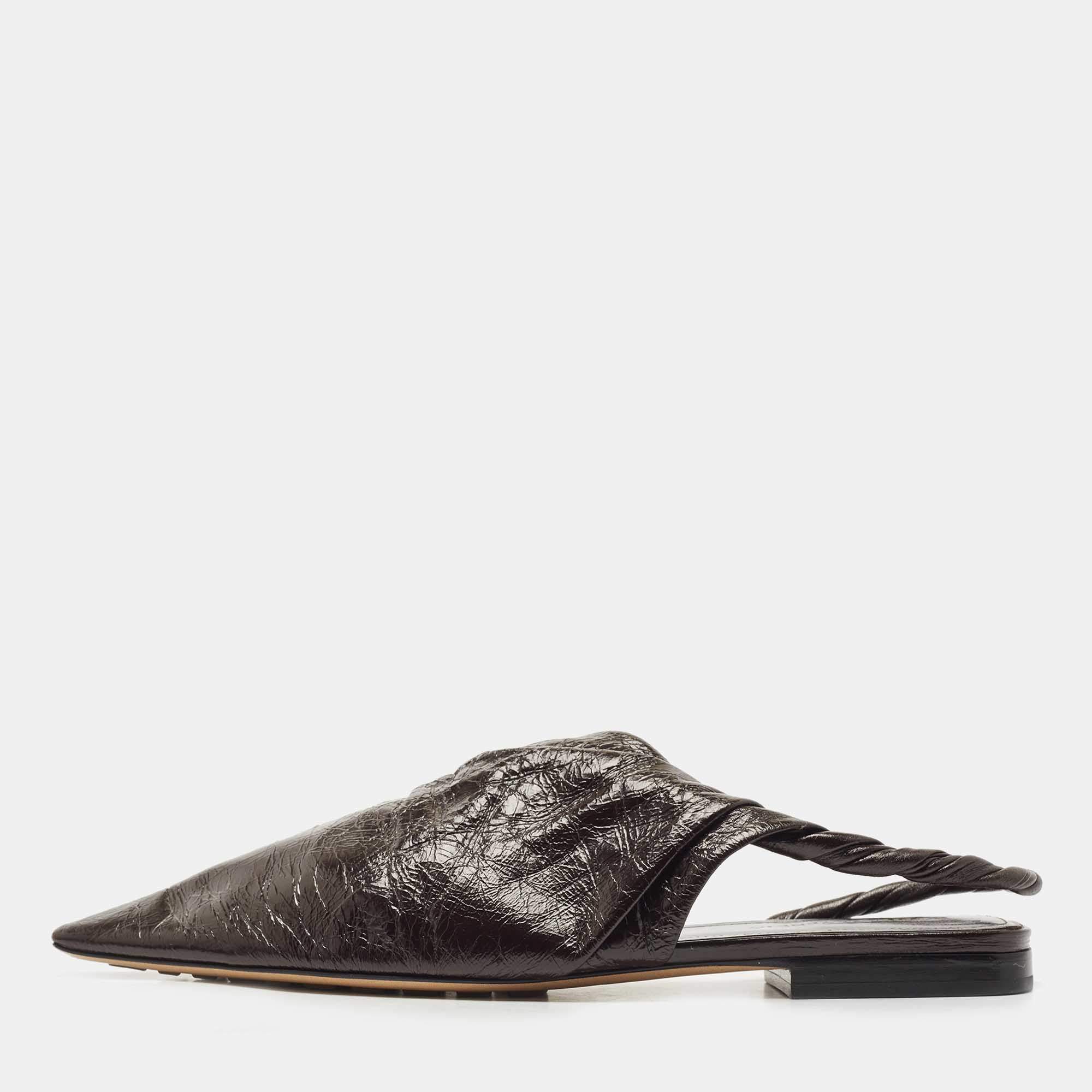 Pre Owned Bottega Veneta Dark Brown Leather Pointed Toe Slingback Flats Size 38