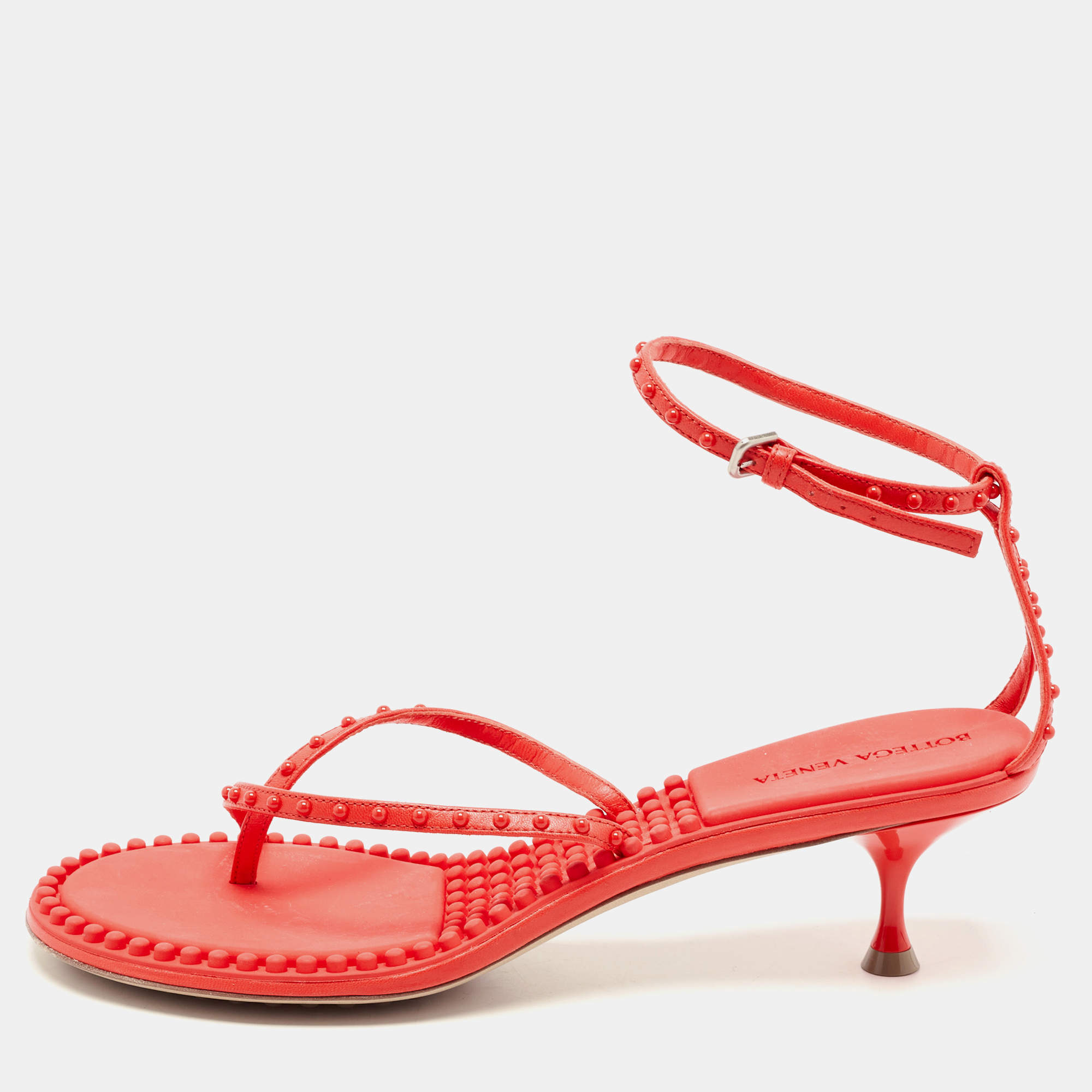 Pre Owned Bottega Veneta Neon Red Studded Leather Ankle Strap Sandals Size 40.5