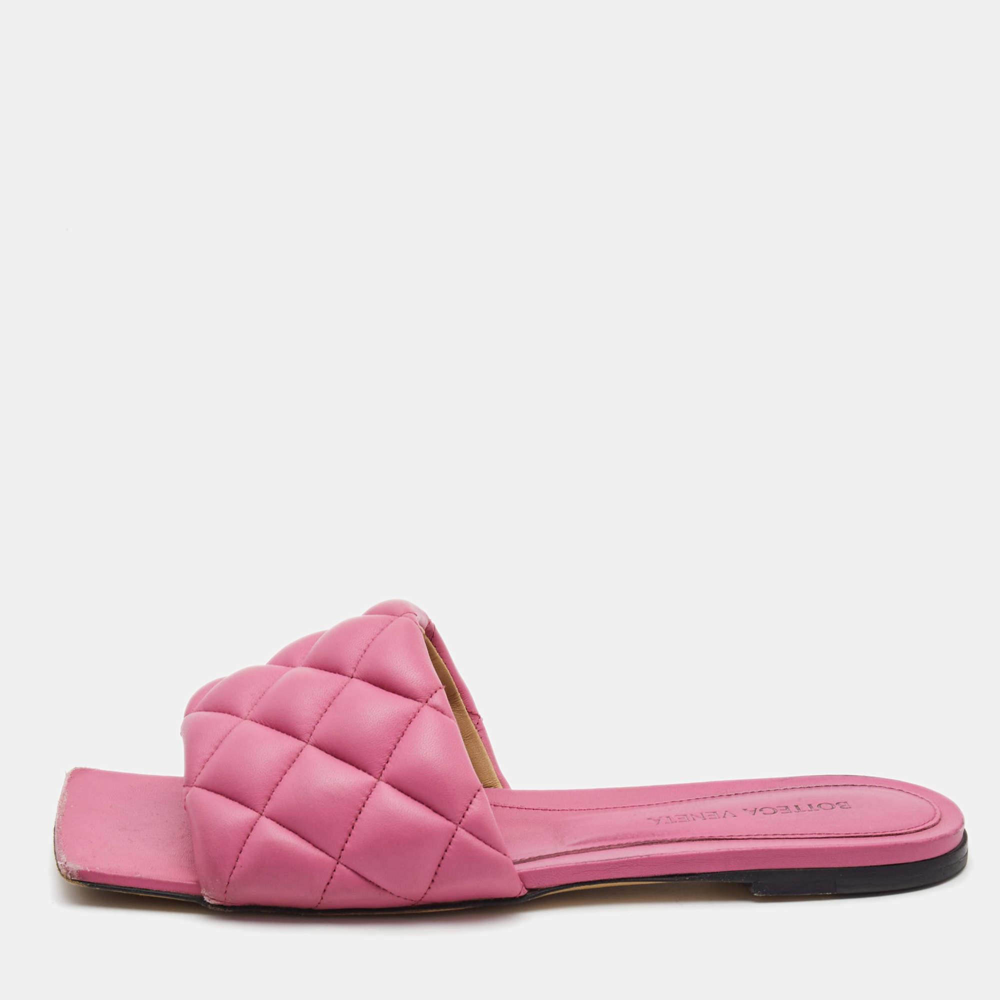 Pre Owned Bottega Veneta Pink Quilted Leather Flat Slides Size 37.5