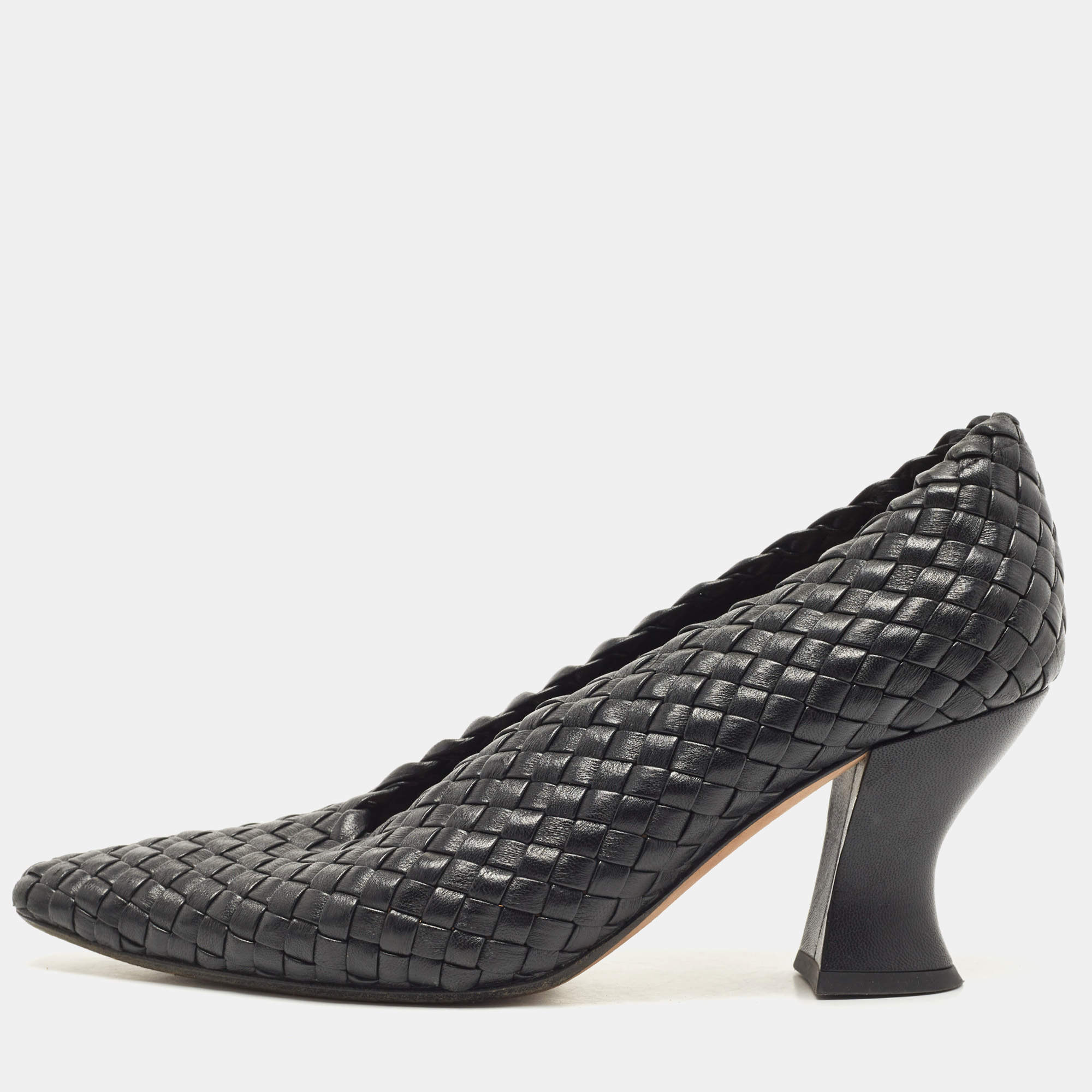 Pre Owned Bottega Veneta Black Leather Intrecciato Block Heel Pumps Size 37