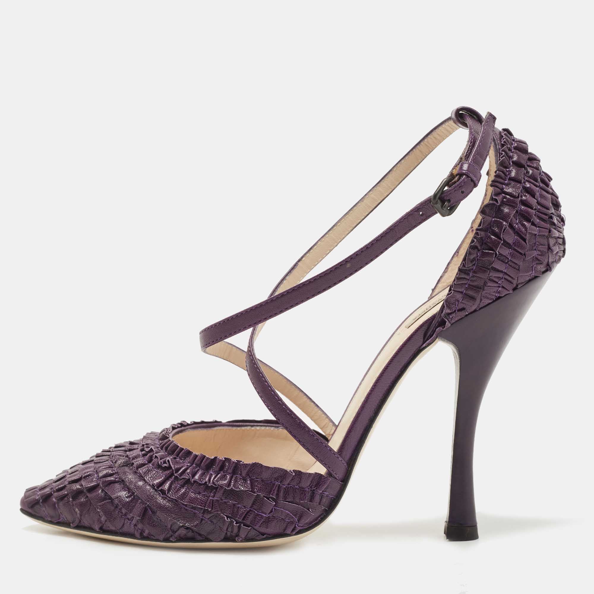 مملوكة مسبقًا Bottega Veneta Purple Leather Textured Cross Strap Pumps Size 37