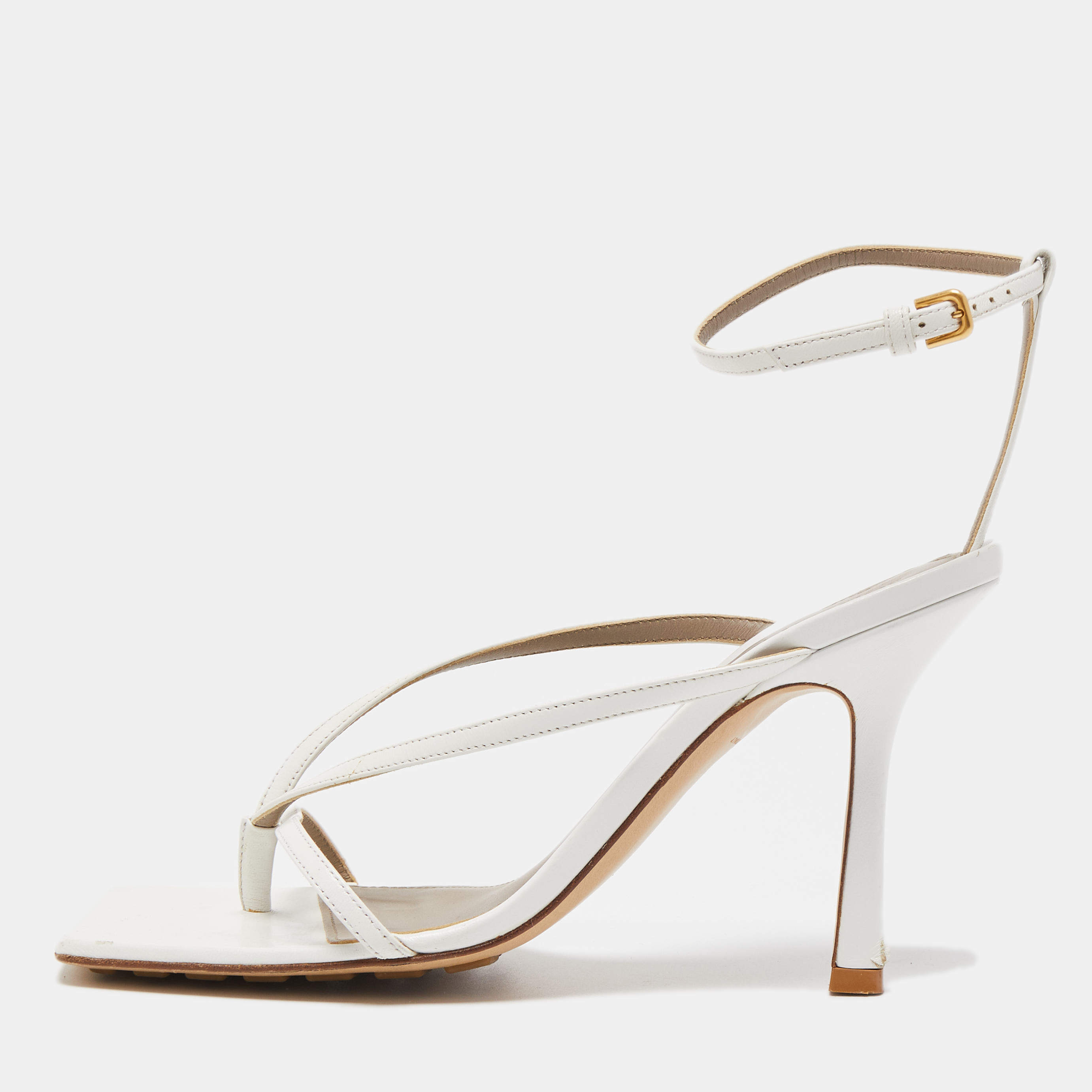 Bottega Veneta White Leather Stretch Ankle Strap Sandals Size 38