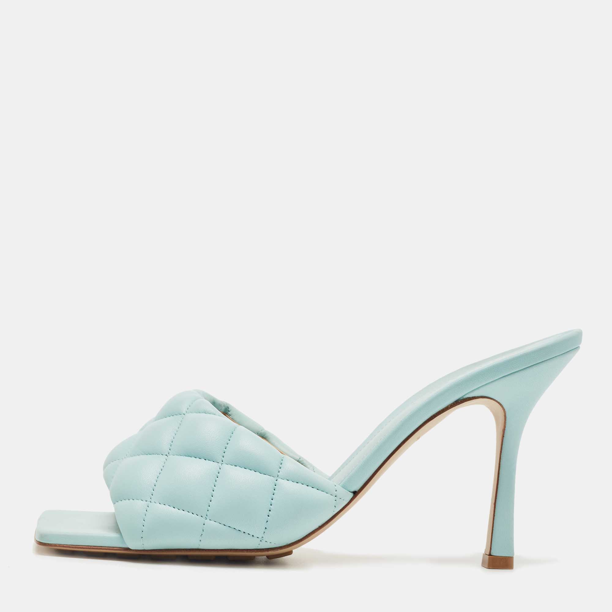 Pre Owned Bottega Veneta Blue Quilted Leather Lido Slide Sandals Size 40