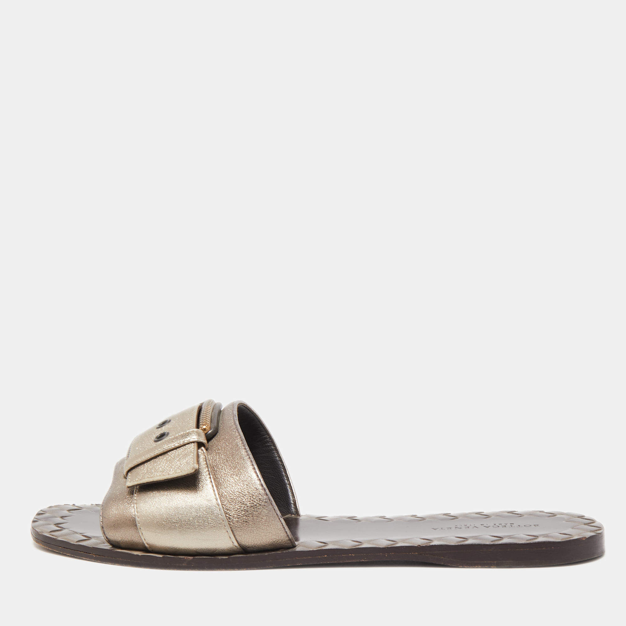 Pre Owned Bottega Veneta Metallic Leather Buckle Detail Flat Slides Size 37