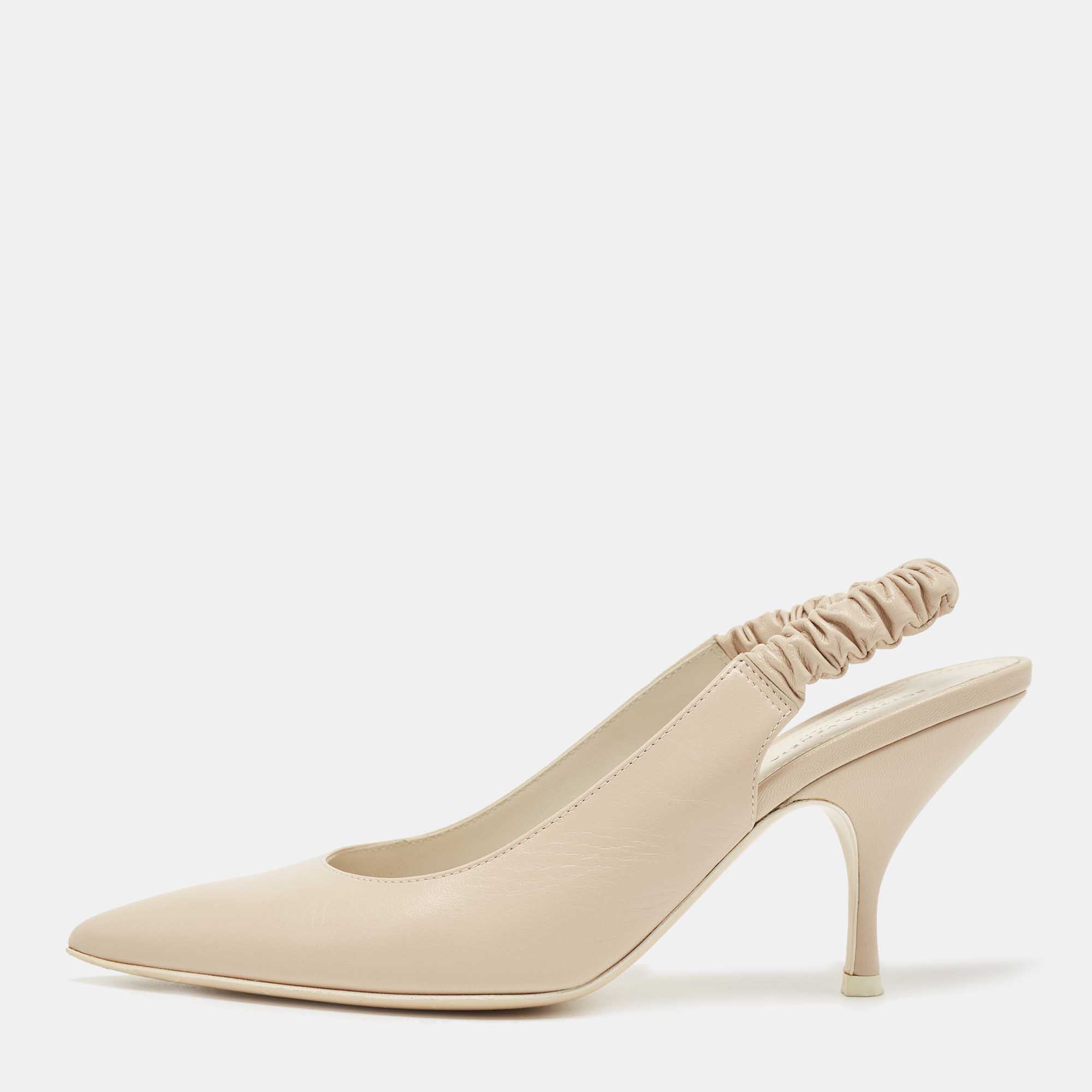 Pre Owned Bottega Veneta Cream Leather Slingback Pumps Size 37.5