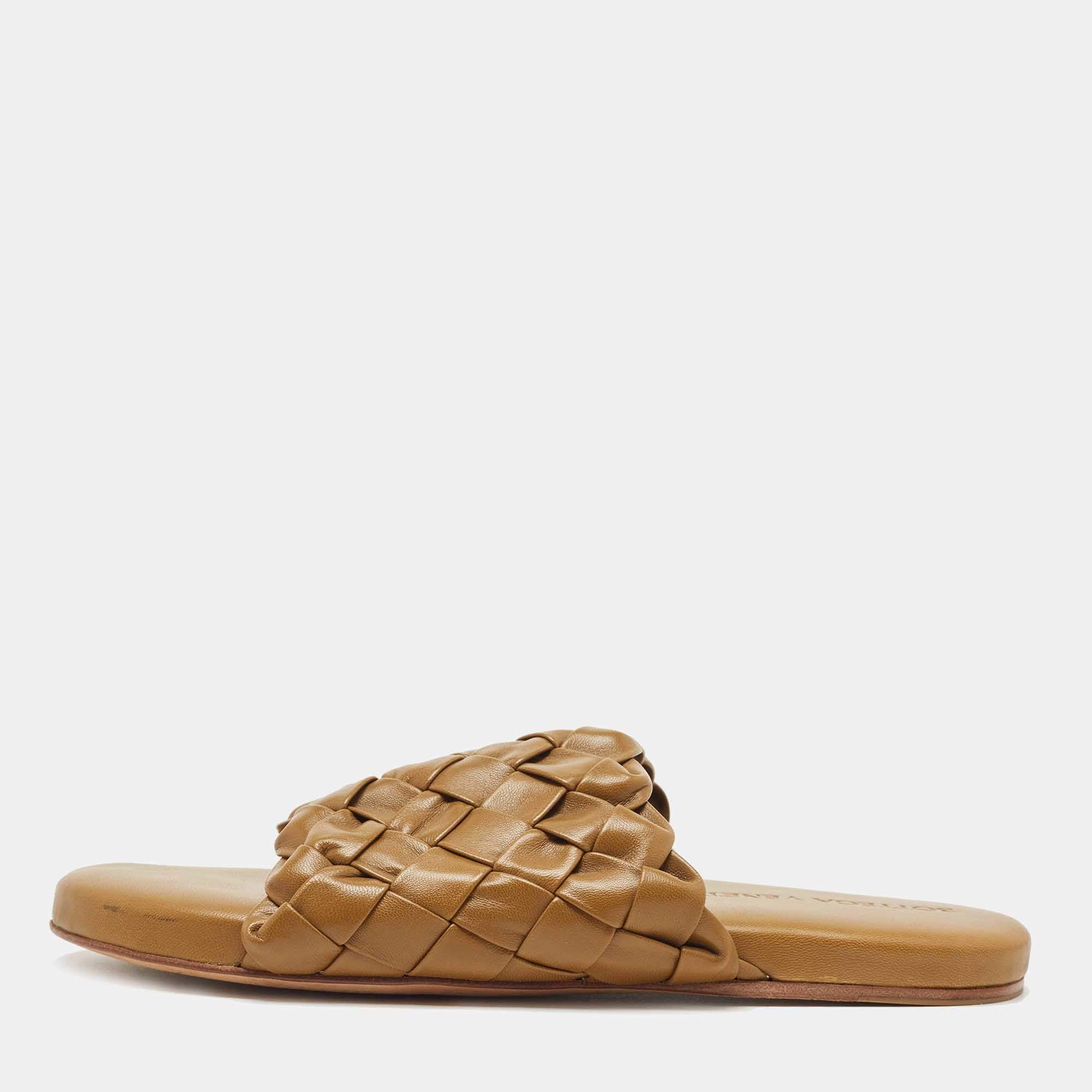 Pre Owned Bottega Veneta Olive Green Leather Slides Size 38