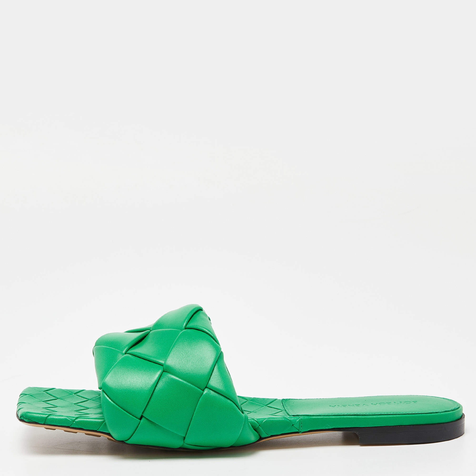 Pre Owned Bottega Veneta Green Intrecciato Leather Lido Slide Flats Size 42