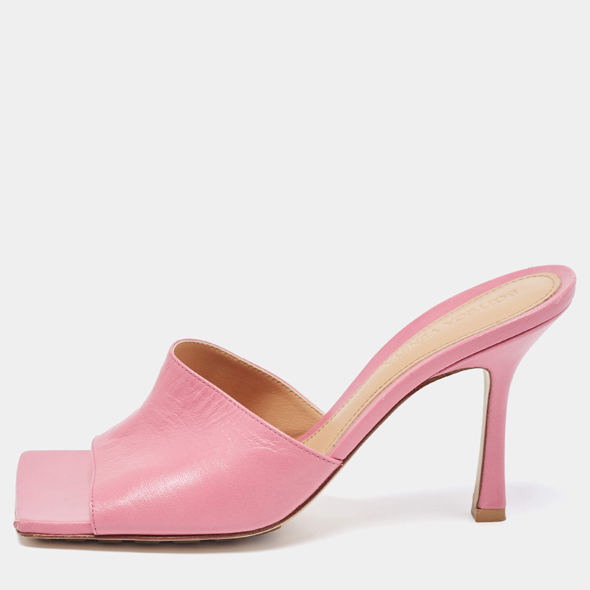 Pre Owned Bottega Veneta Pink Leather Stretch Slide Sandals Size 37