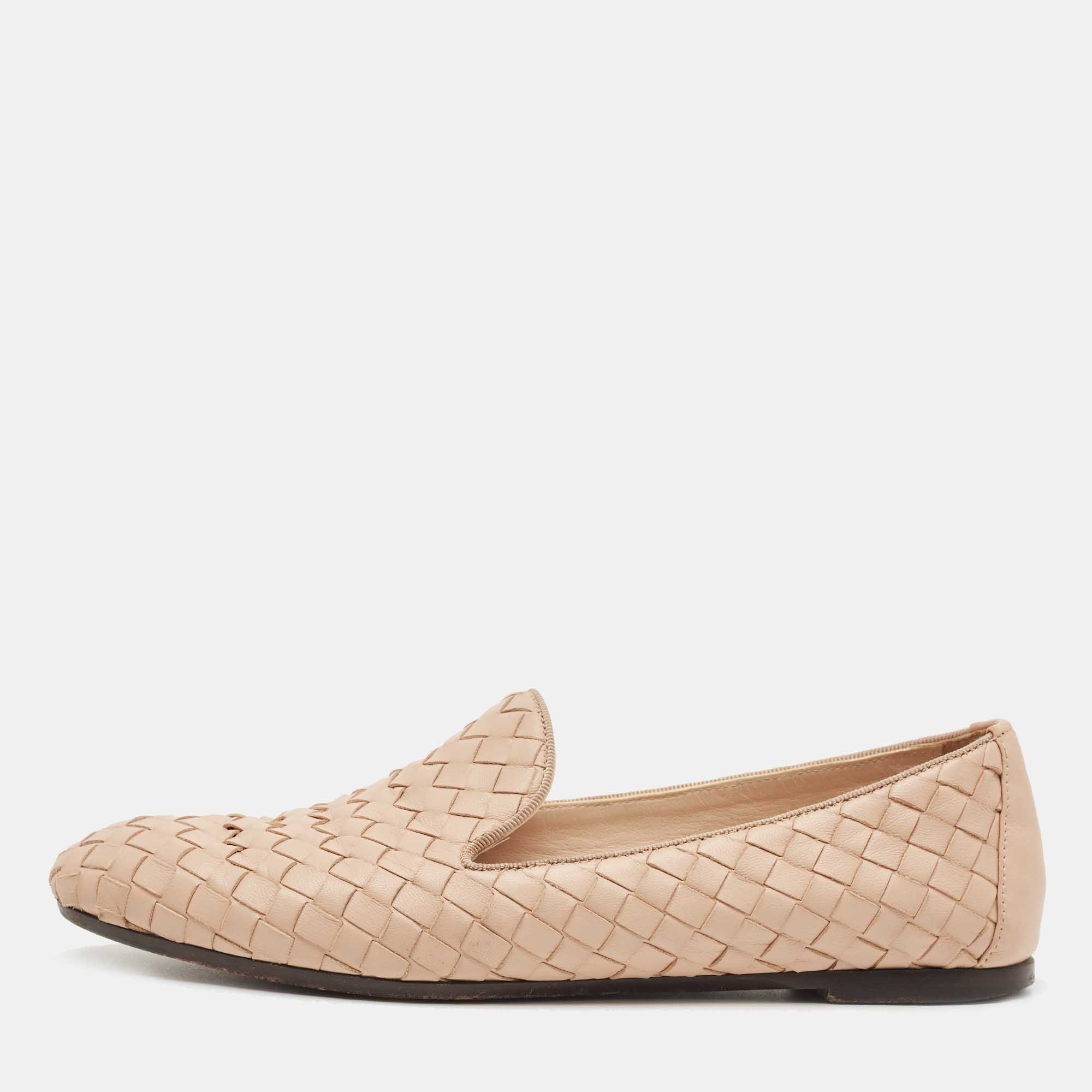Pre Owned Bottega Veneta Light Pink Intrecciato Leather Smoking Slippers Size 36.5