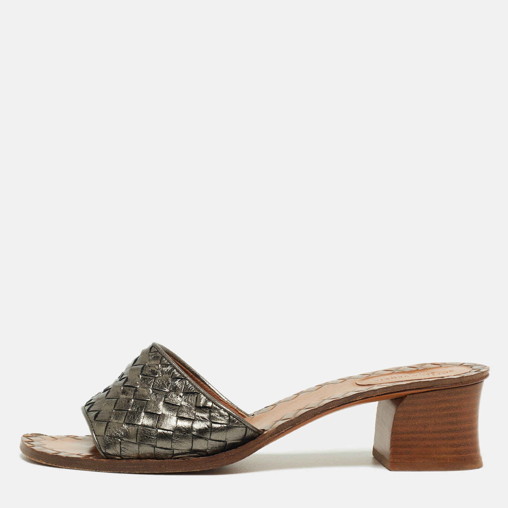 Bottega Veneta Metallic Woven Leather Intrecciato Slide Sandals Size 40.5