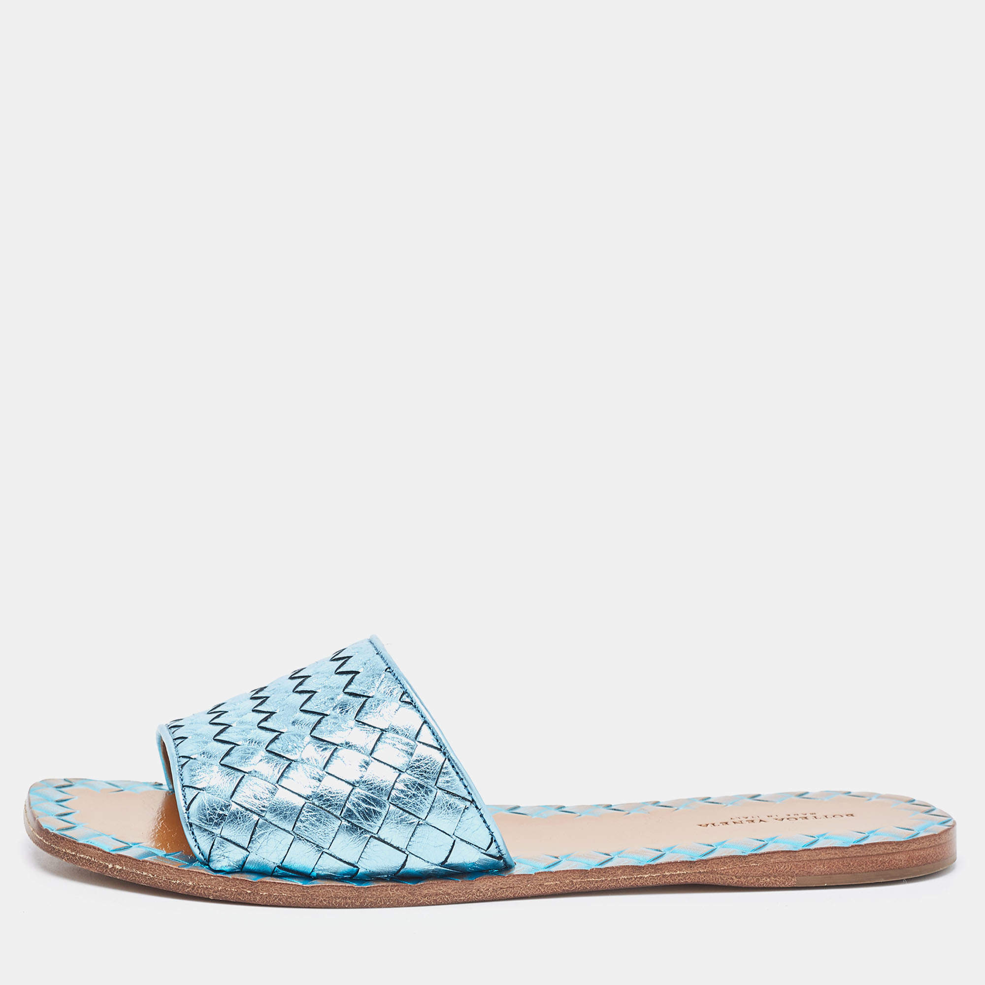 Pre Owned Bottega Veneta Metallic Blue Leather Flat Slides Size 38.5