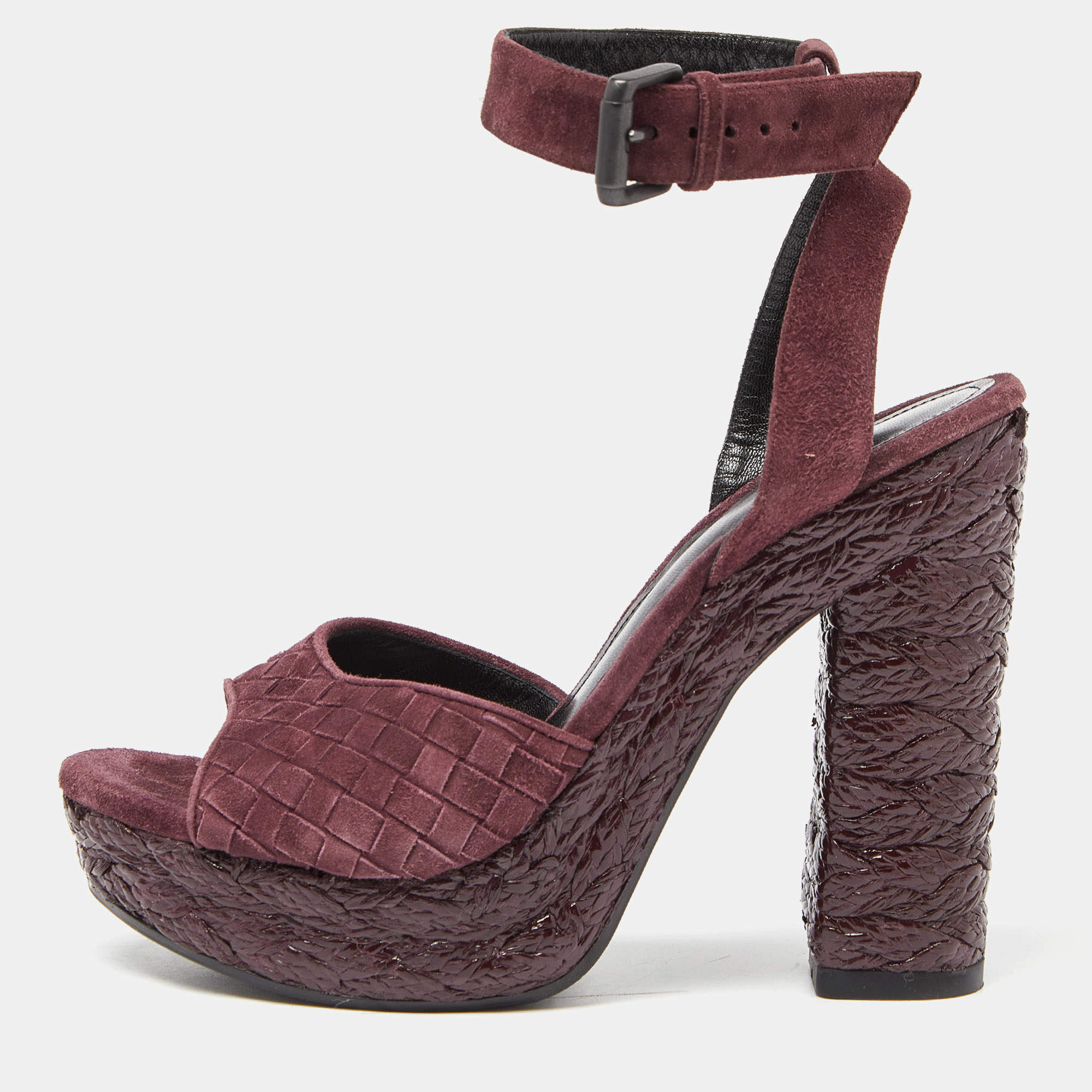 مملوكة مسبقًا Bottega Veneta Plum Intrecciato Suede Coated Espadrille Platform Ankle Strap Sandals Size 38