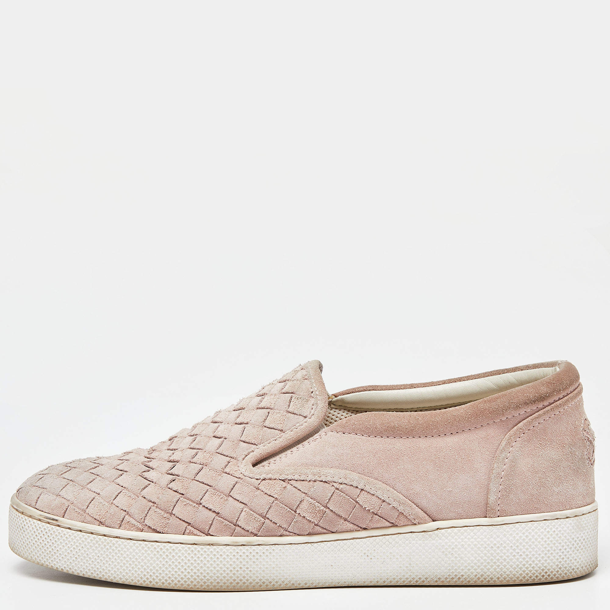 Pre Owned Bottega Veneta Pink Intrecciato Suede Dodger Slip On Sneakers Size 38.5
