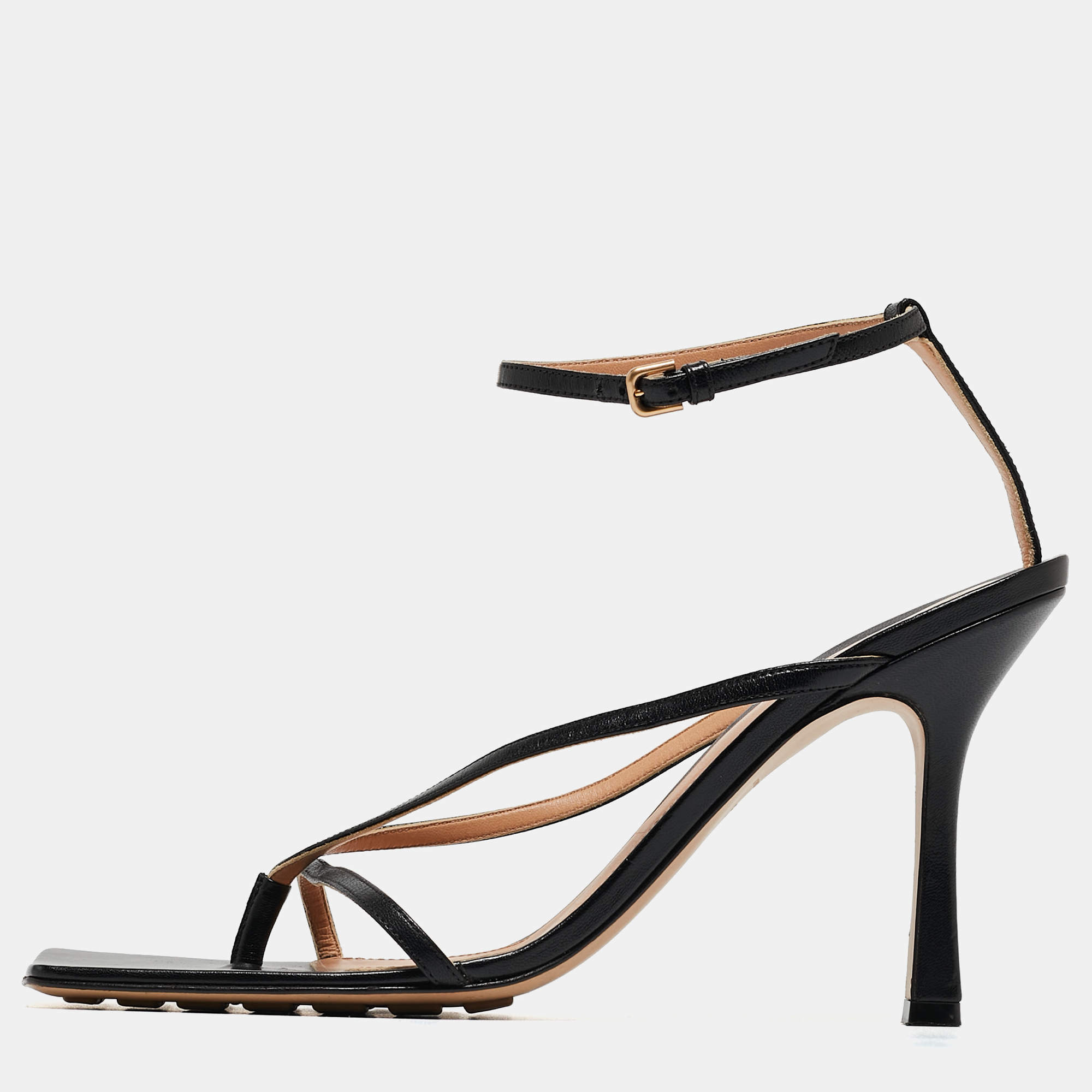 Pre Owned Bottega Veneta Black Leather Stretch Ankle Strap Sandals Size 40.5