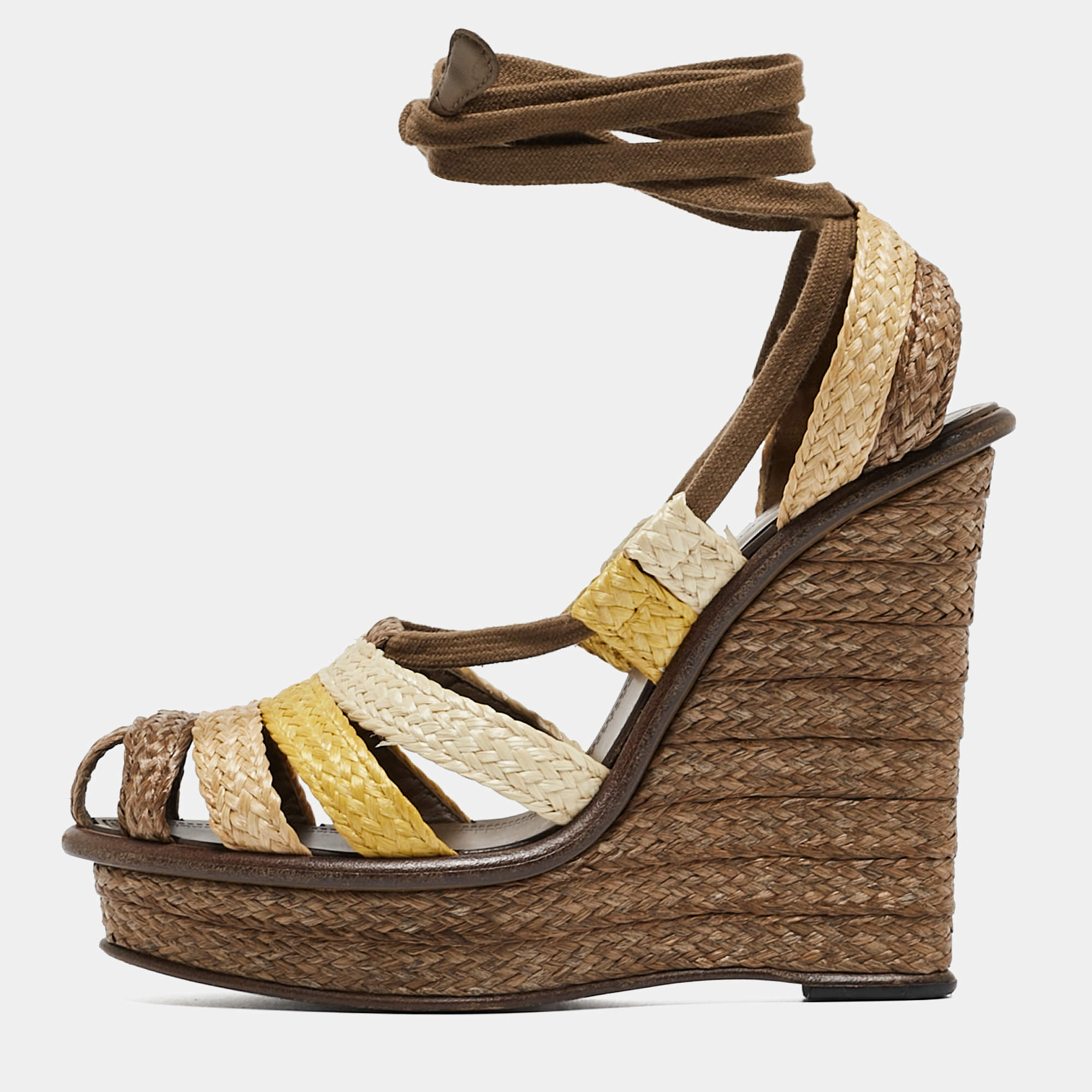 مملوكة مسبقًا Bottega Veneta Multicolor Raffia Platform Ankle Wrap Wedge Sandals Size 39