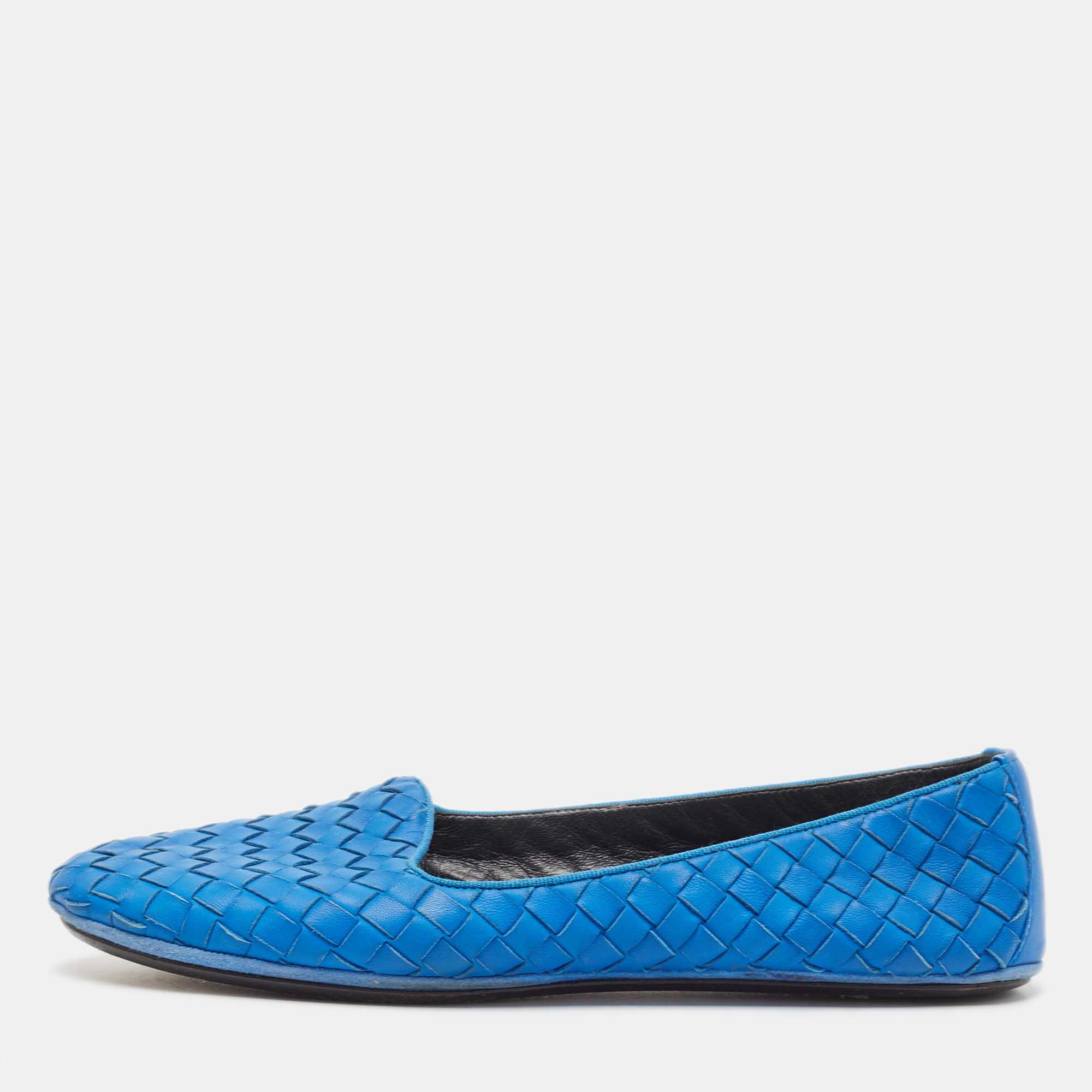 Pre Owned Bottega Veneta Blue Intrecciato Leather Smoking Slippers Size 37