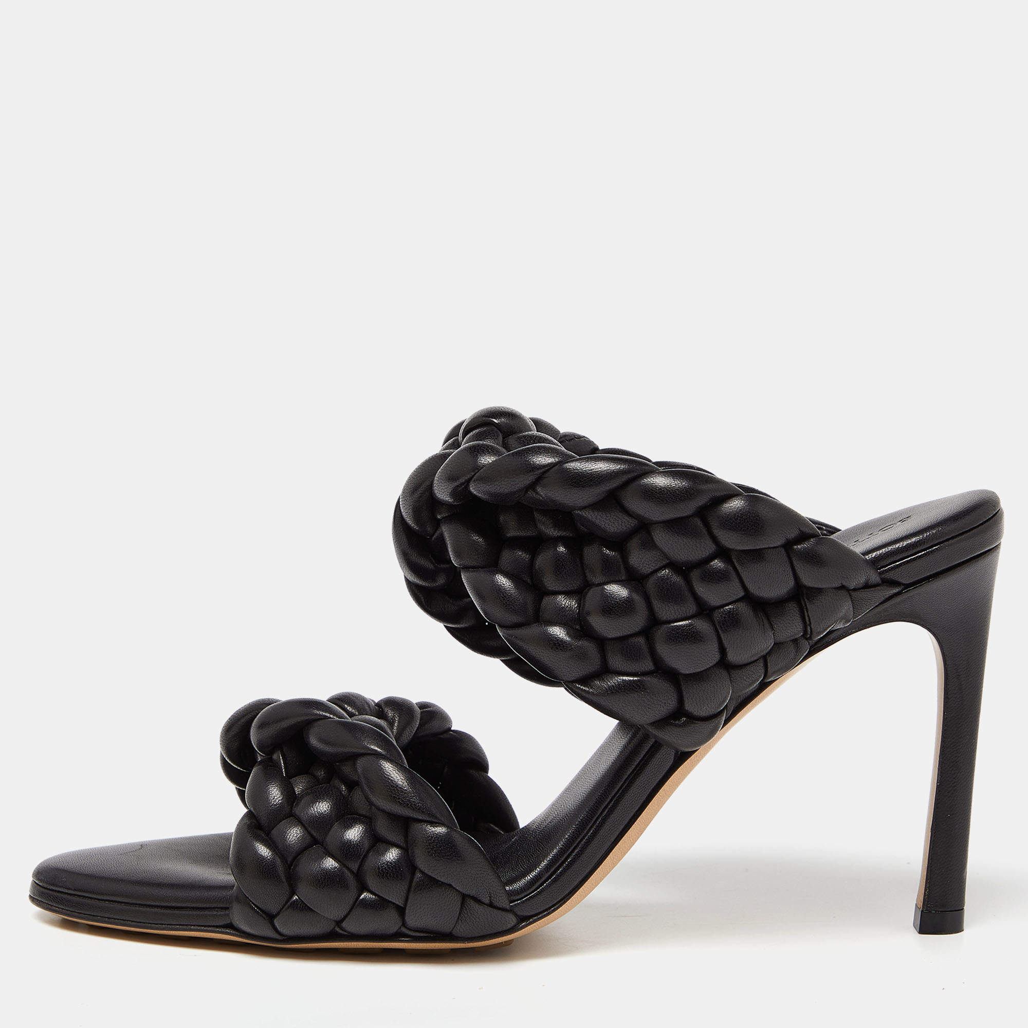 Pre Owned Bottega Veneta Black Intrecciato Leather Curve Slide Sandals Size 39