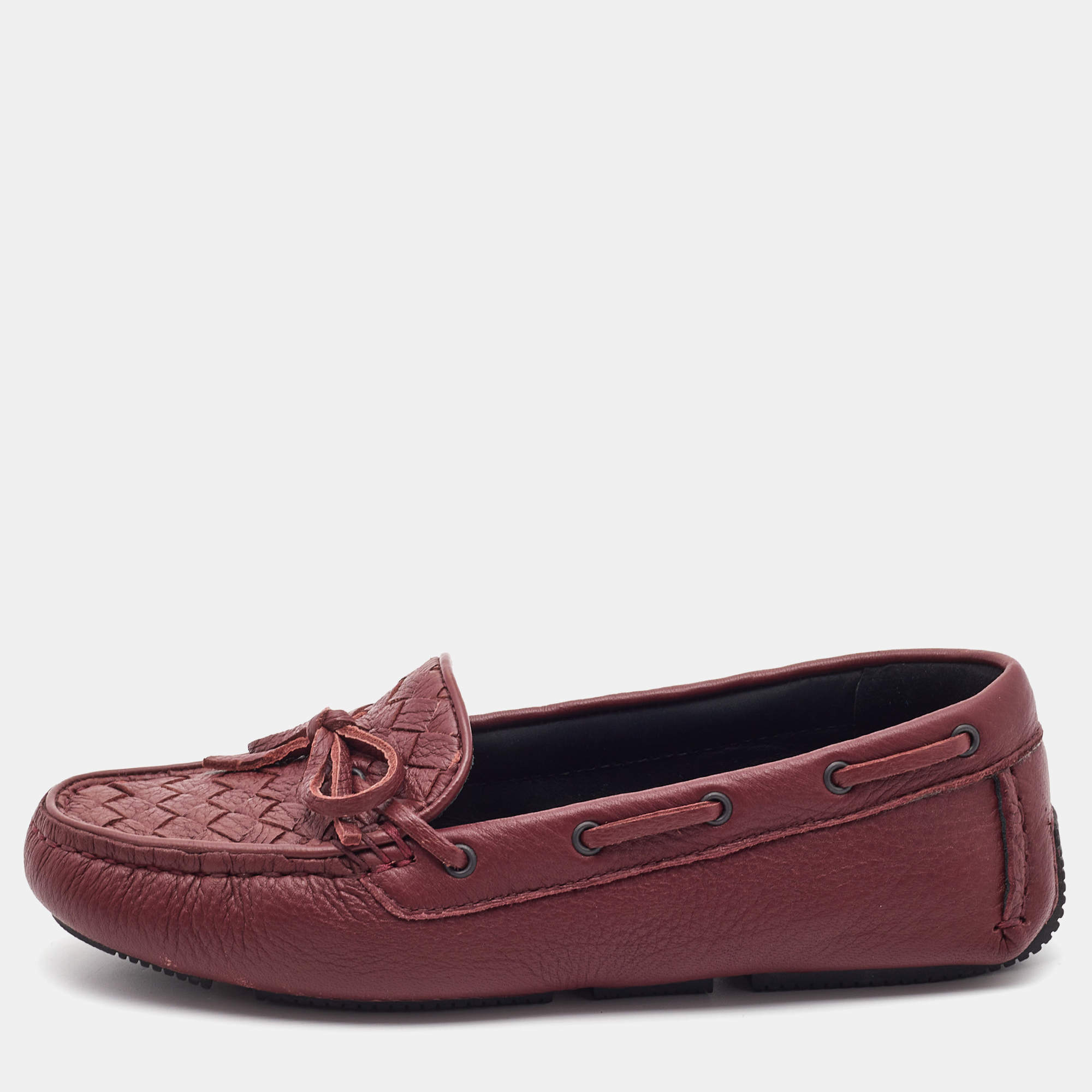 Pre Owned Bottega Veneta Burgundy Leather Wave Driver Loafers Size 35