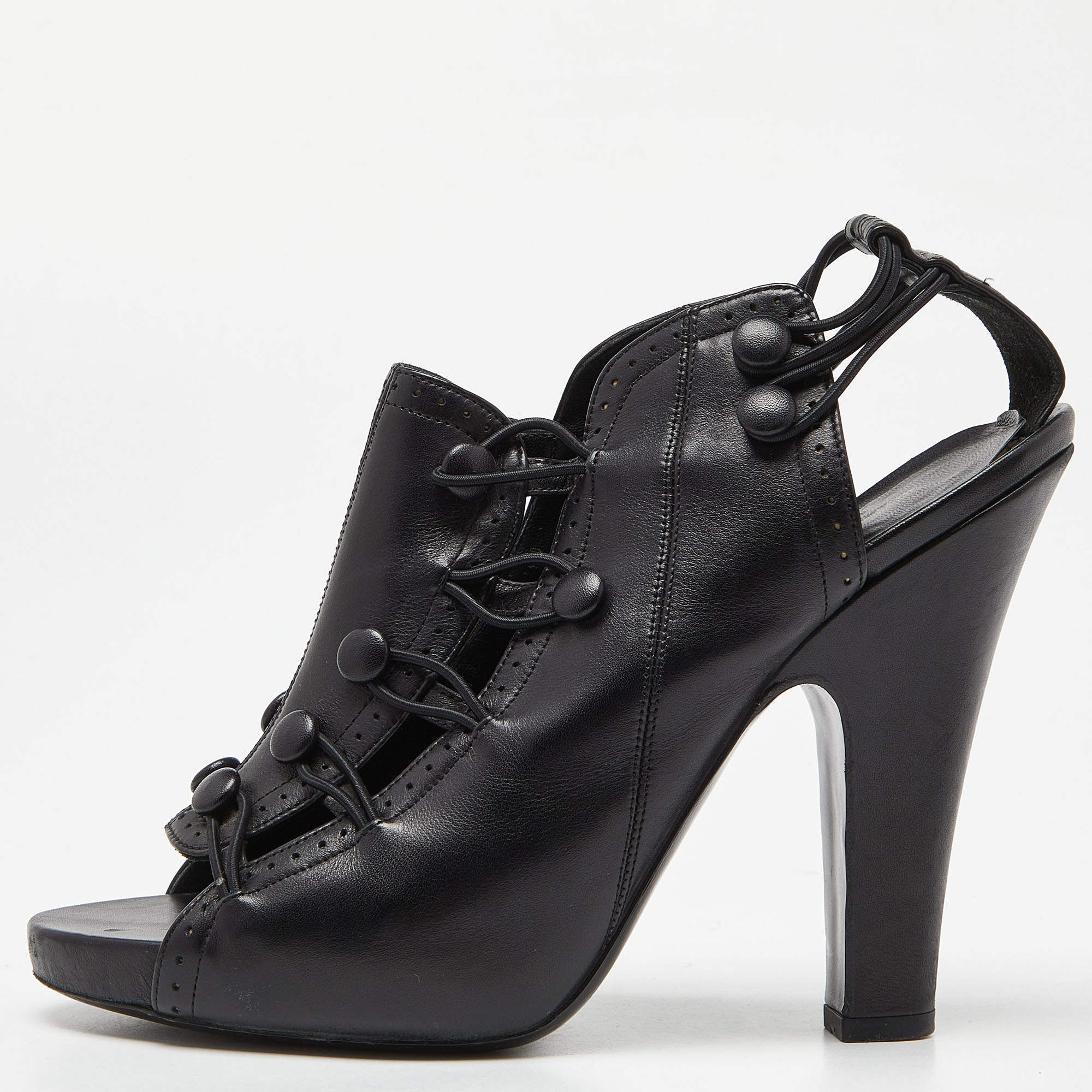 Pre Owned Bottega Veneta Black Leather Button Detail Slingback Sandals Size 38