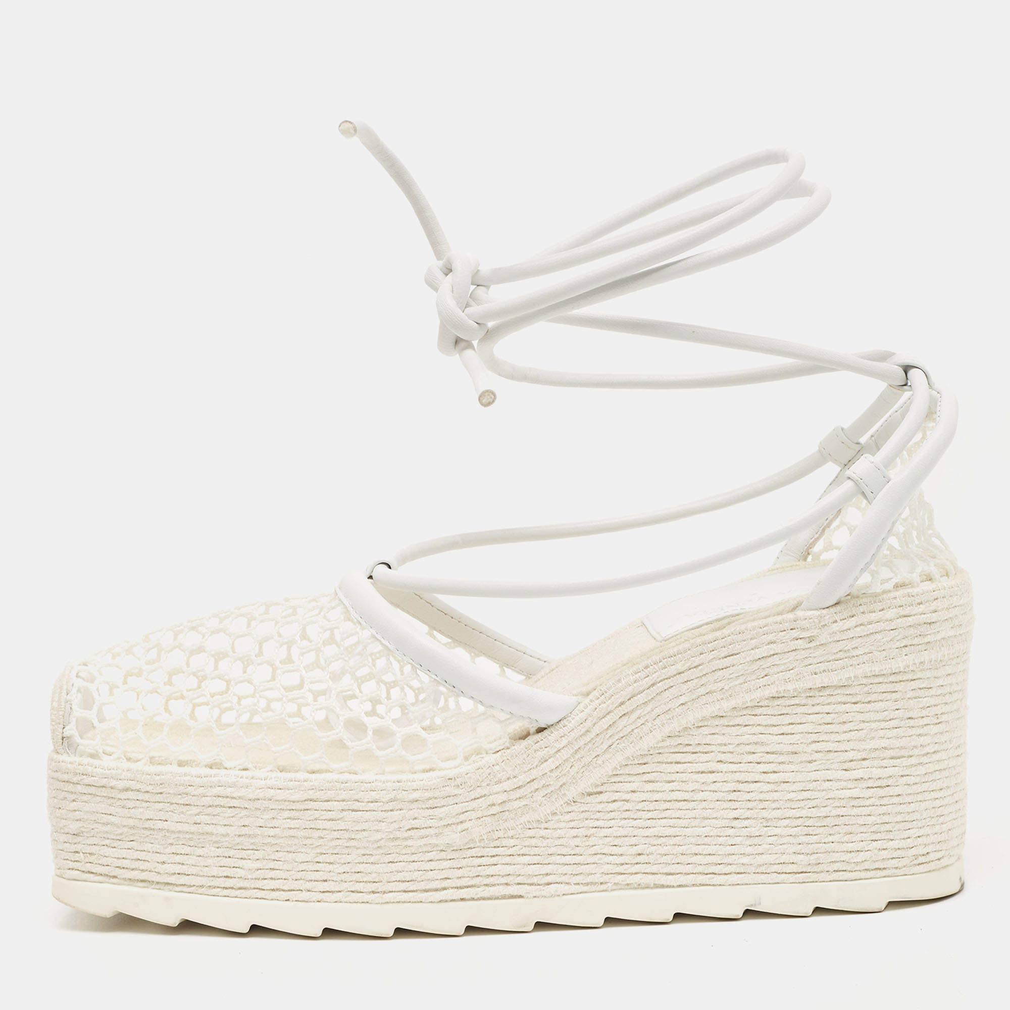 Pre Owned Bottega Veneta White Woven Mesh and Leather Espadrille Wedge Ankle Wrap Sandals Size 39
