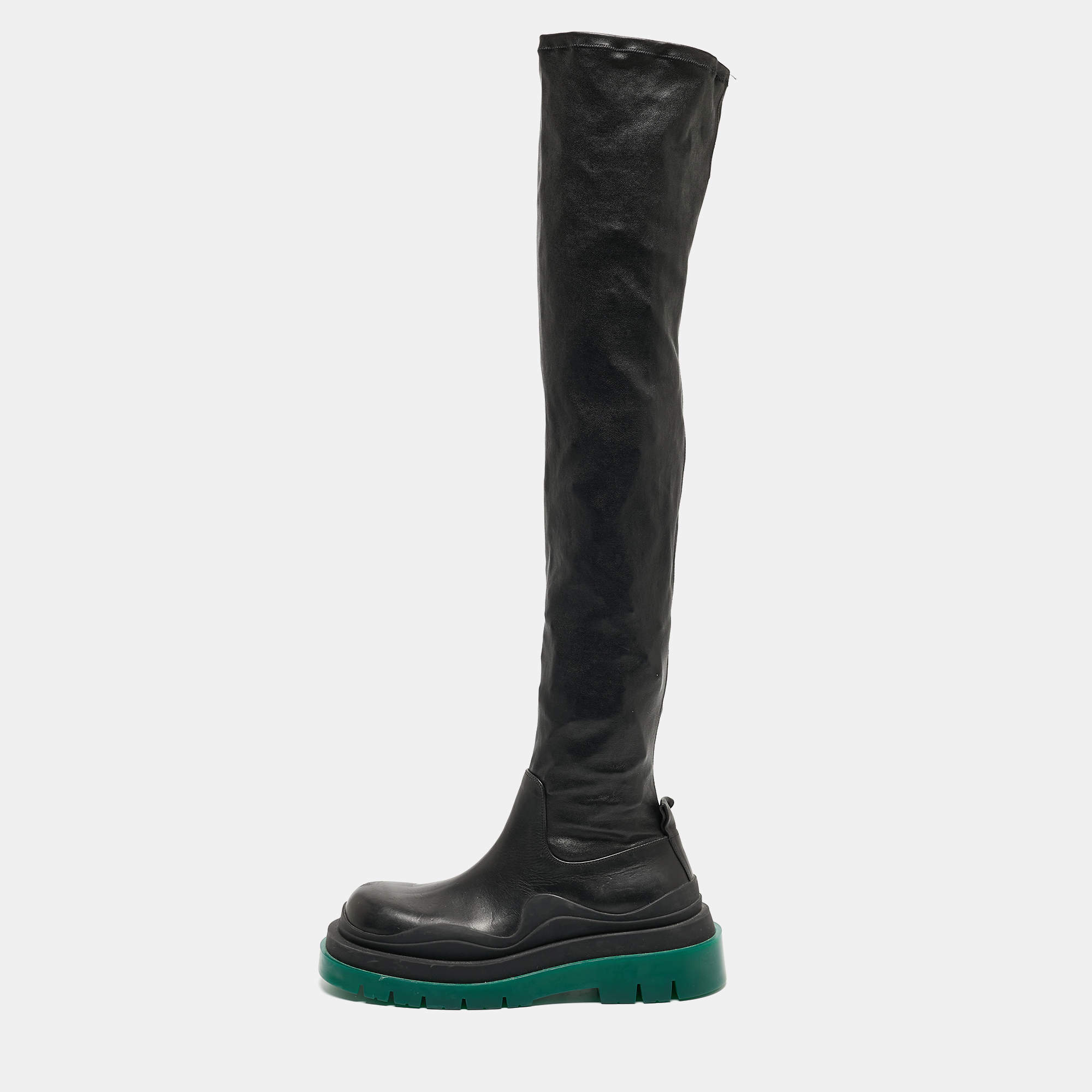 Pre Owned Bottega Veneta Black Leather Lug Sole Knee Length Boots Size 39