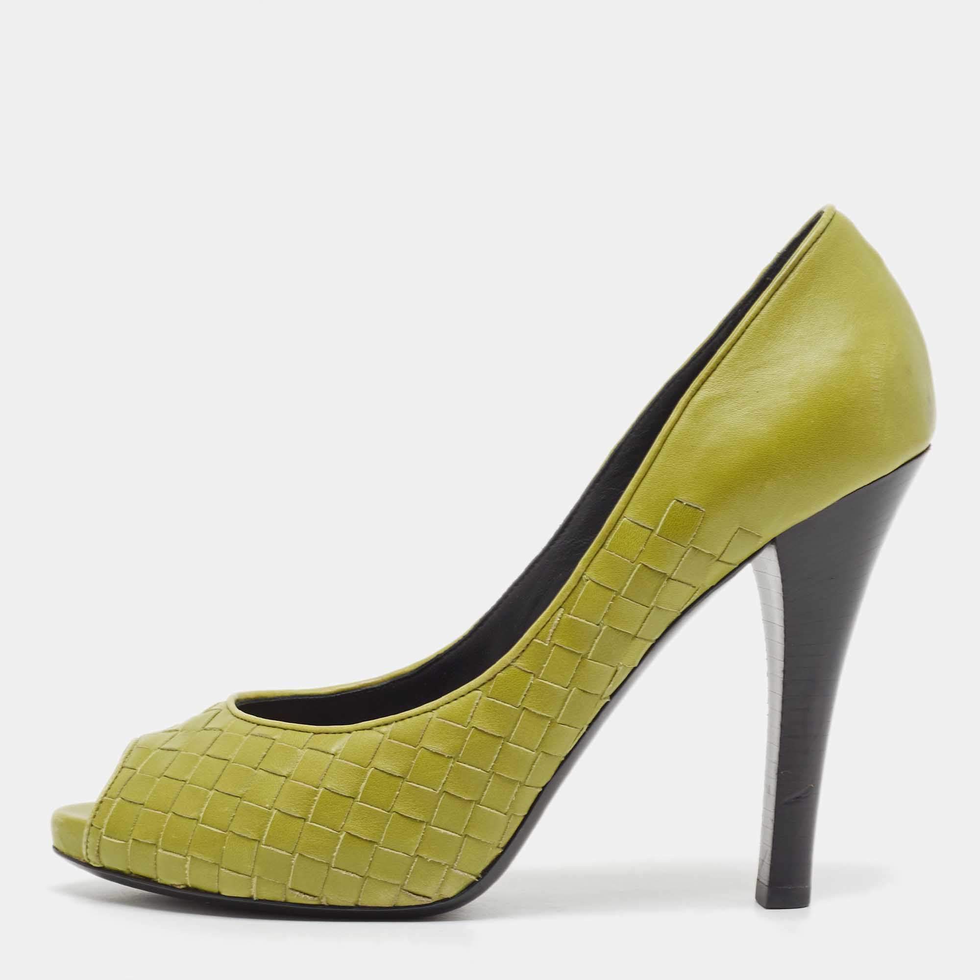 Pre Owned Bottega Veneta Green Intrecciato Leather Peep Toe Pumps Size 40