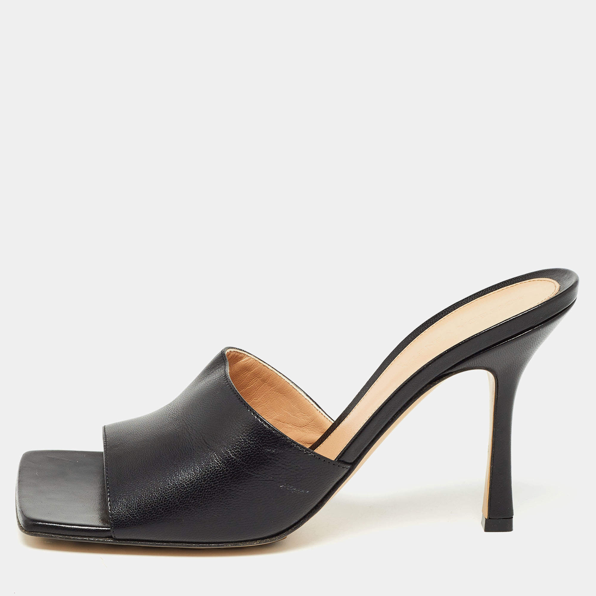 Pre Owned Bottega Veneta Black Leather Stretch Slide Sandals Size 39.5