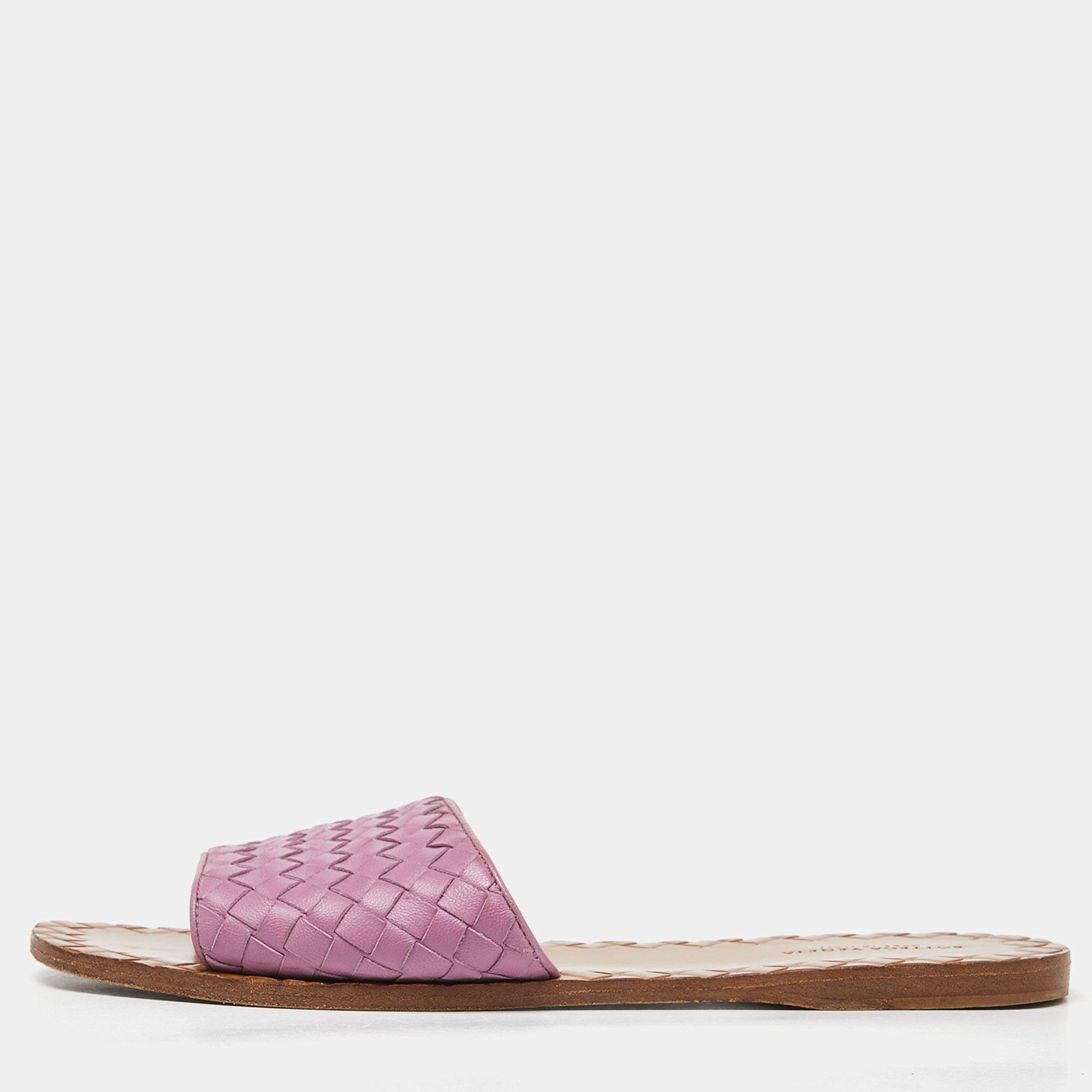 Pre Owned Bottega Veneta Pink Leather Intrecciato Flat Slides Size 39
