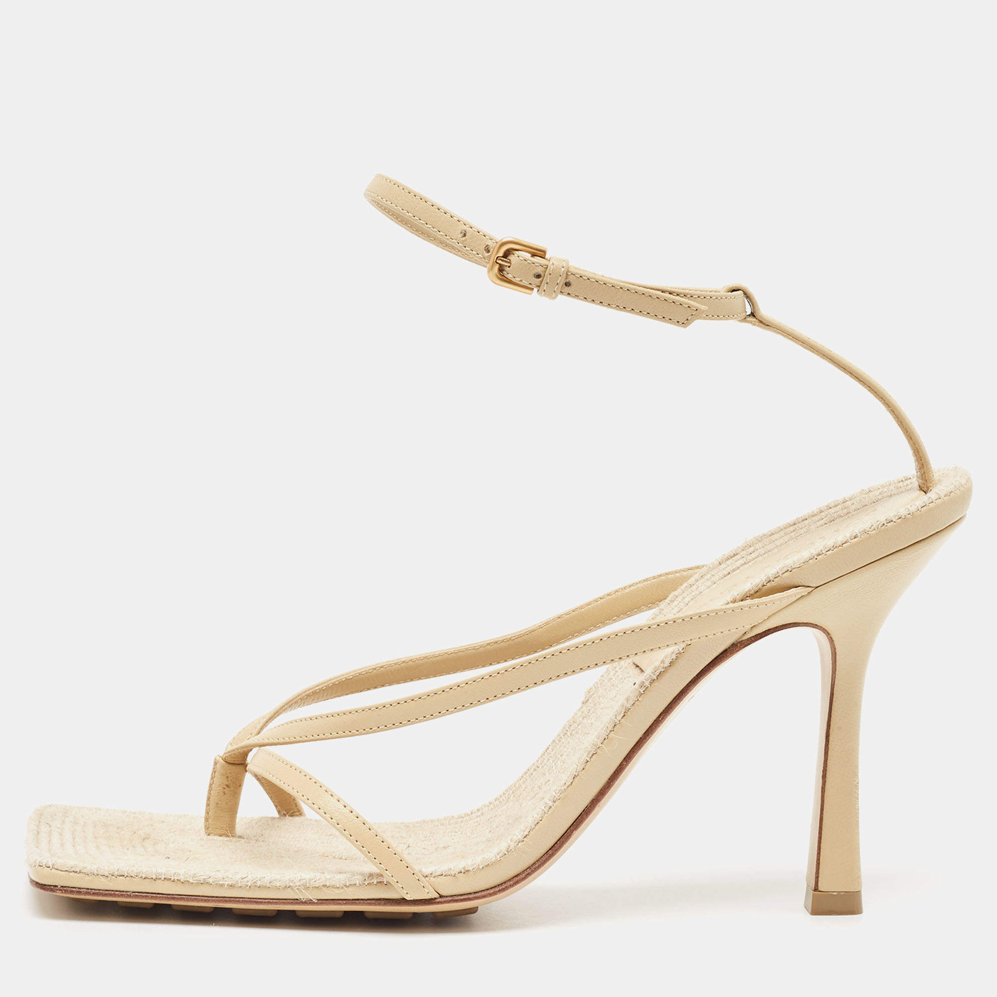 Pre Owned Bottega Veneta Beige Leather Stretch Thong Ankle Strap Sandals Size 38.5