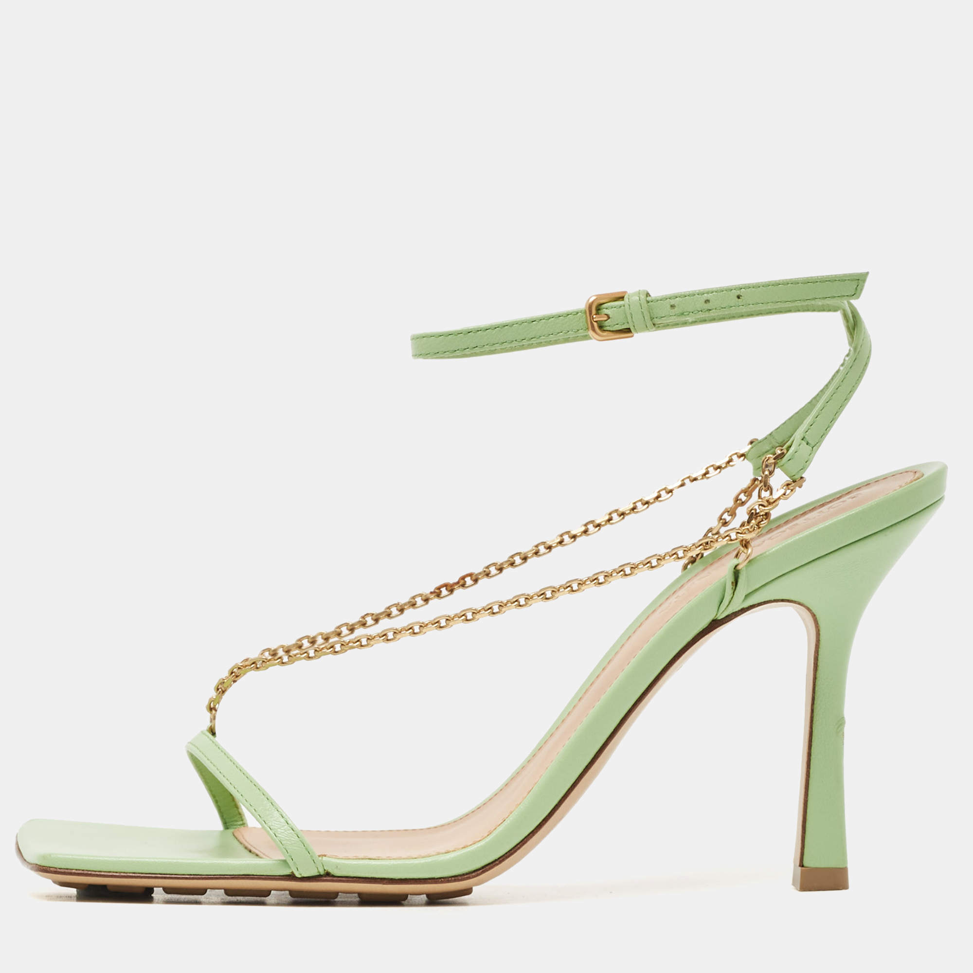 Pre Owned Bottega Veneta Green Leather Stretch Square Ankle Strap Sandals Size 39