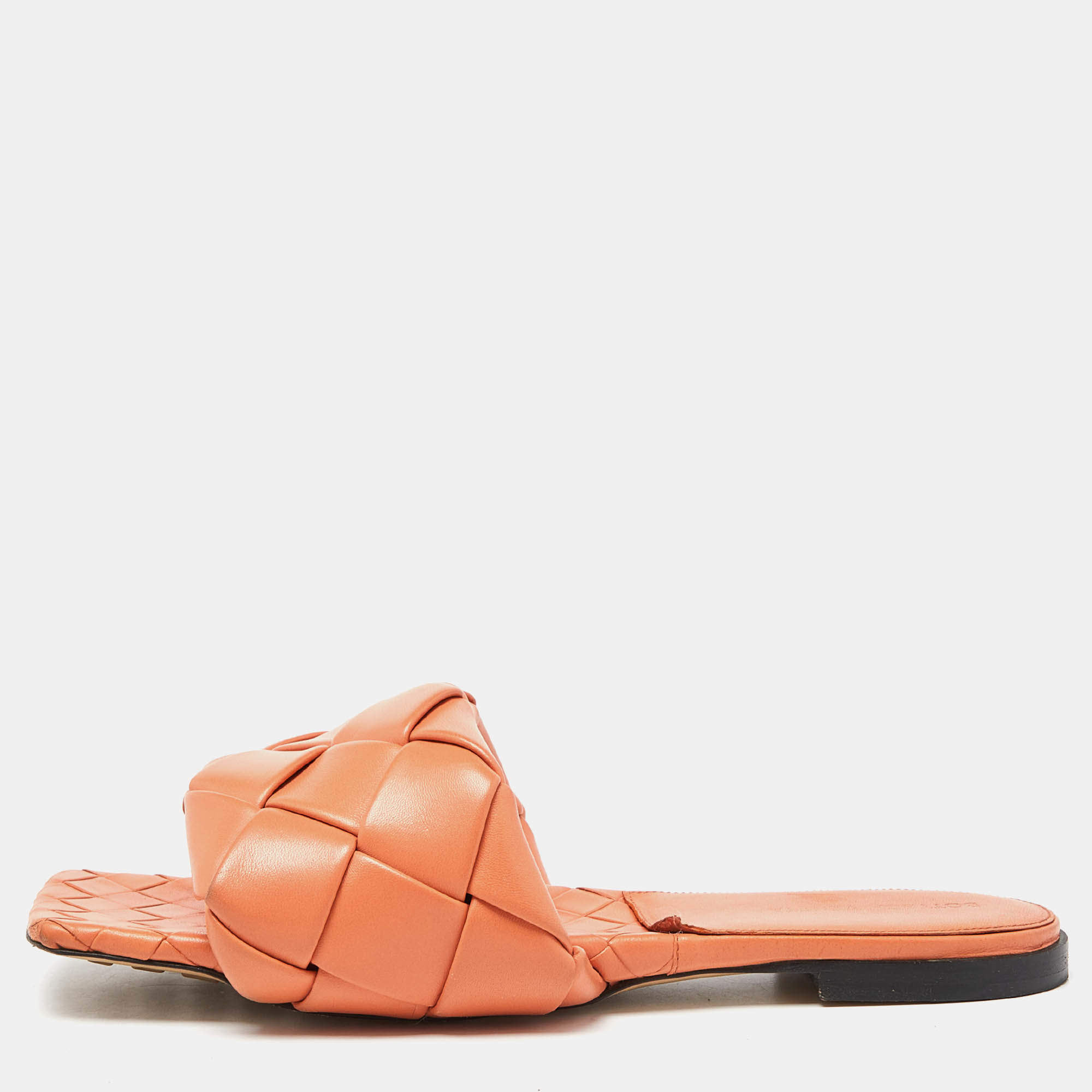 Pre Owned Bottega Veneta Orange Intrecciato Leather Lido Flat Slides Size 41