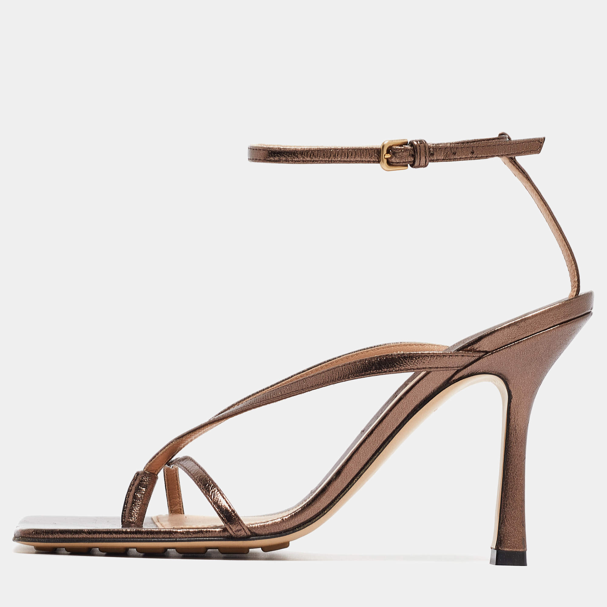Pre Owned Bottega Veneta Metallic Brown Leather Stretch Ankle Strap Sandals Size 38